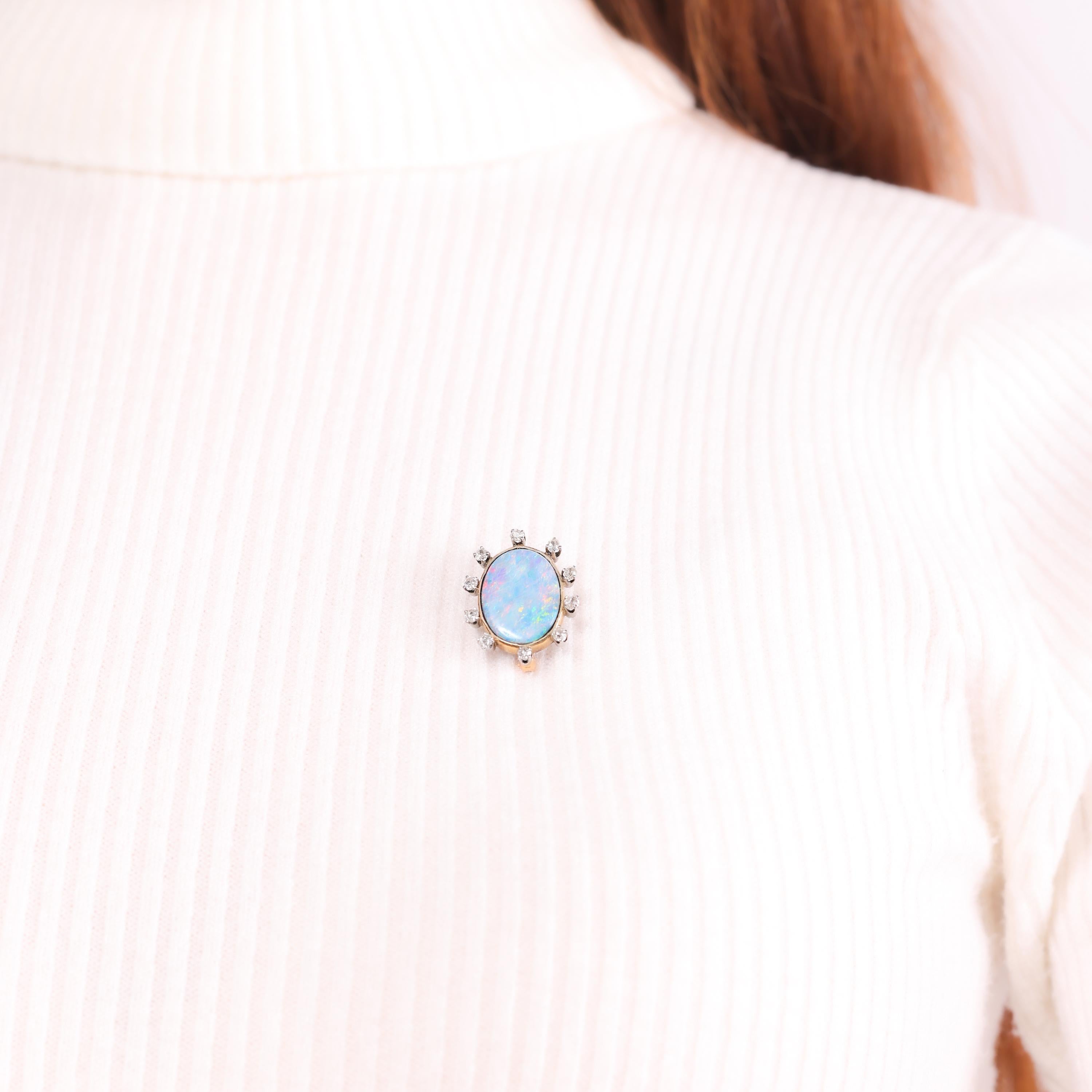 Oval Cut Antique 4.90 carat doublet opal diamond 18k yellow gold brooch