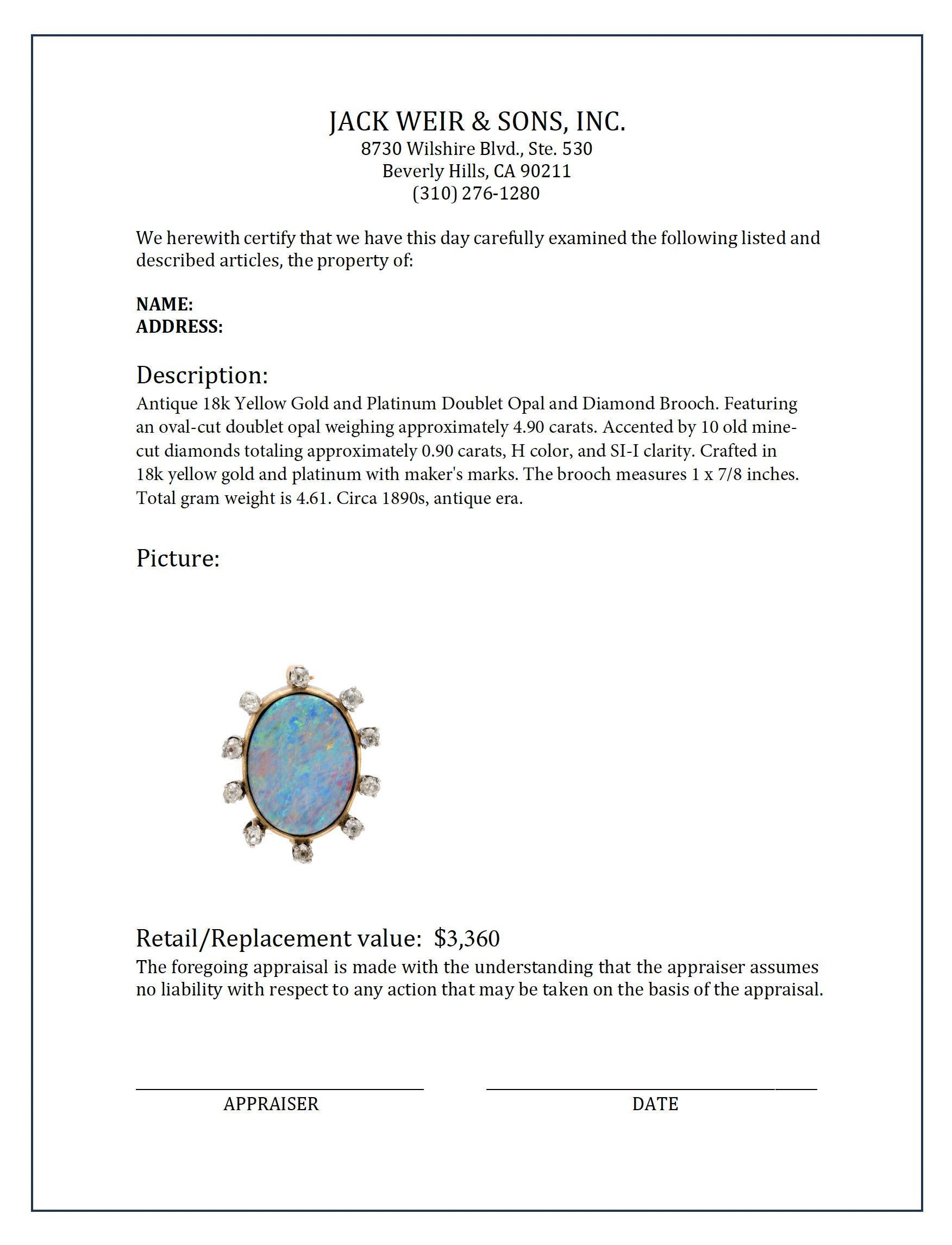 Antique 4.90 carat doublet opal diamond 18k yellow gold brooch In Excellent Condition In Beverly Hills, CA