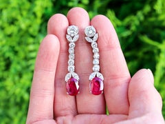 Antique 4.93 Carat Ruby 5.94 Carat Diamond, Platinum Drop Earrings Circa 1935