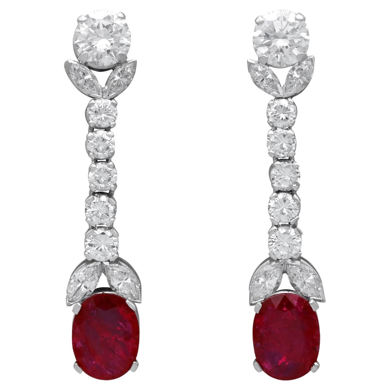 Antique 4.93 Carat Ruby 5.94 Carat Diamond, Platinum Drop Earrings Circa 1935