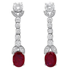 Antique 4.93 Carat Ruby 5.94 Carat Diamond, Platinum Drop Earrings Circa 1935