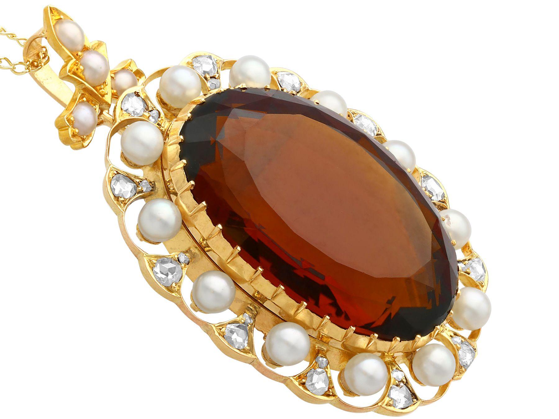Oval Cut Antique 49.55 Carat Citrine 1.06 Carat Diamond Pearl and Yellow Gold Pendant For Sale