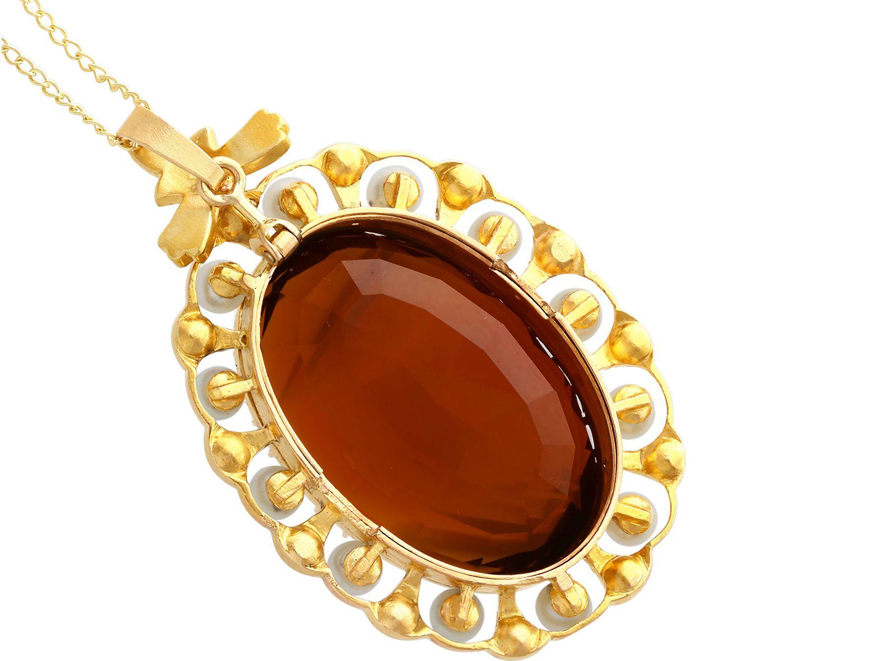 Antique 49.55 Carat Citrine 1.06 Carat Diamond Pearl and Yellow Gold Pendant In Excellent Condition For Sale In Jesmond, Newcastle Upon Tyne