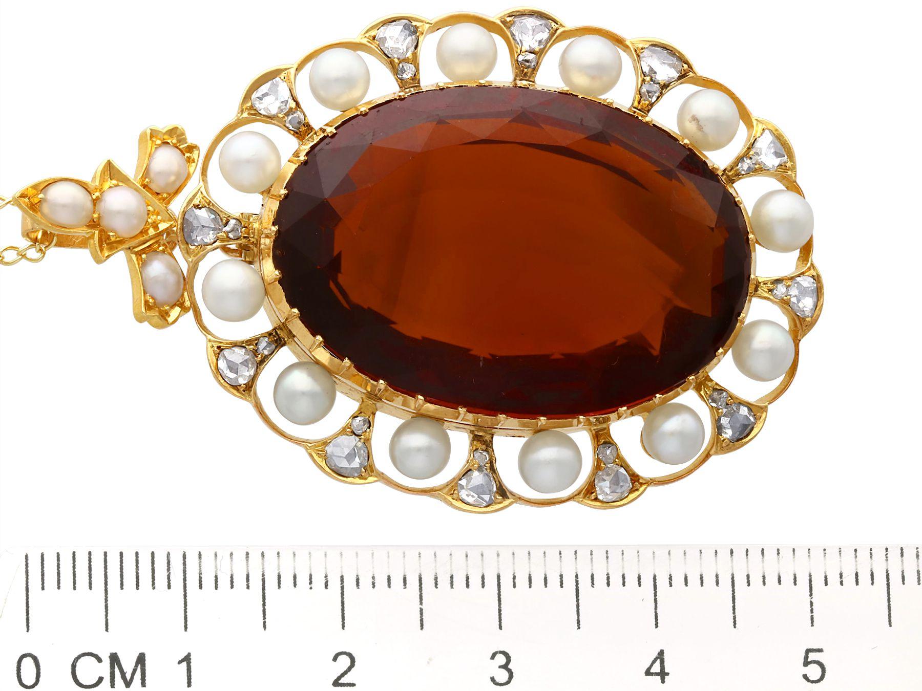 Women's or Men's Antique 49.55 Carat Citrine 1.06 Carat Diamond Pearl and Yellow Gold Pendant For Sale