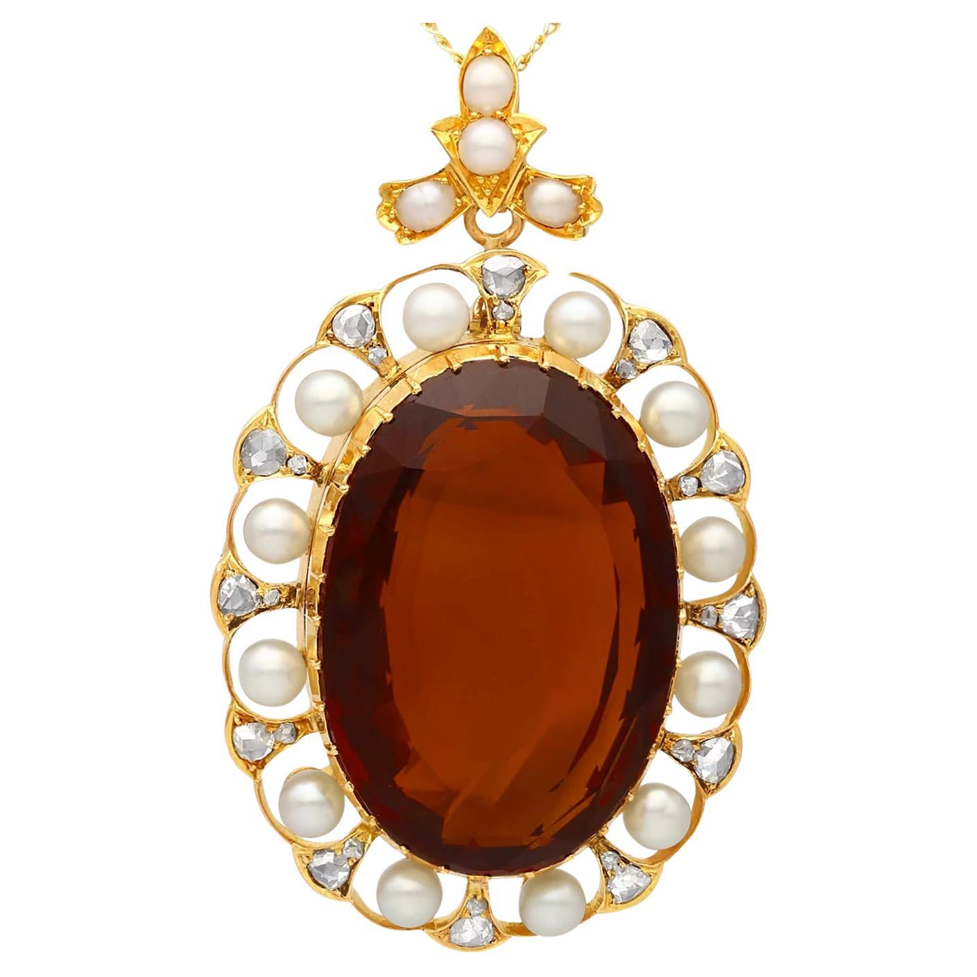 Antique 49.55 Carat Citrine 1.06 Carat Diamond Pearl and Yellow Gold Pendant For Sale