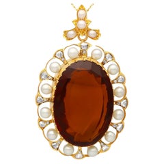 Pendentif ancien en or jaune avec citrine de 49,55 carats, diamants de 1,06 carat et perle