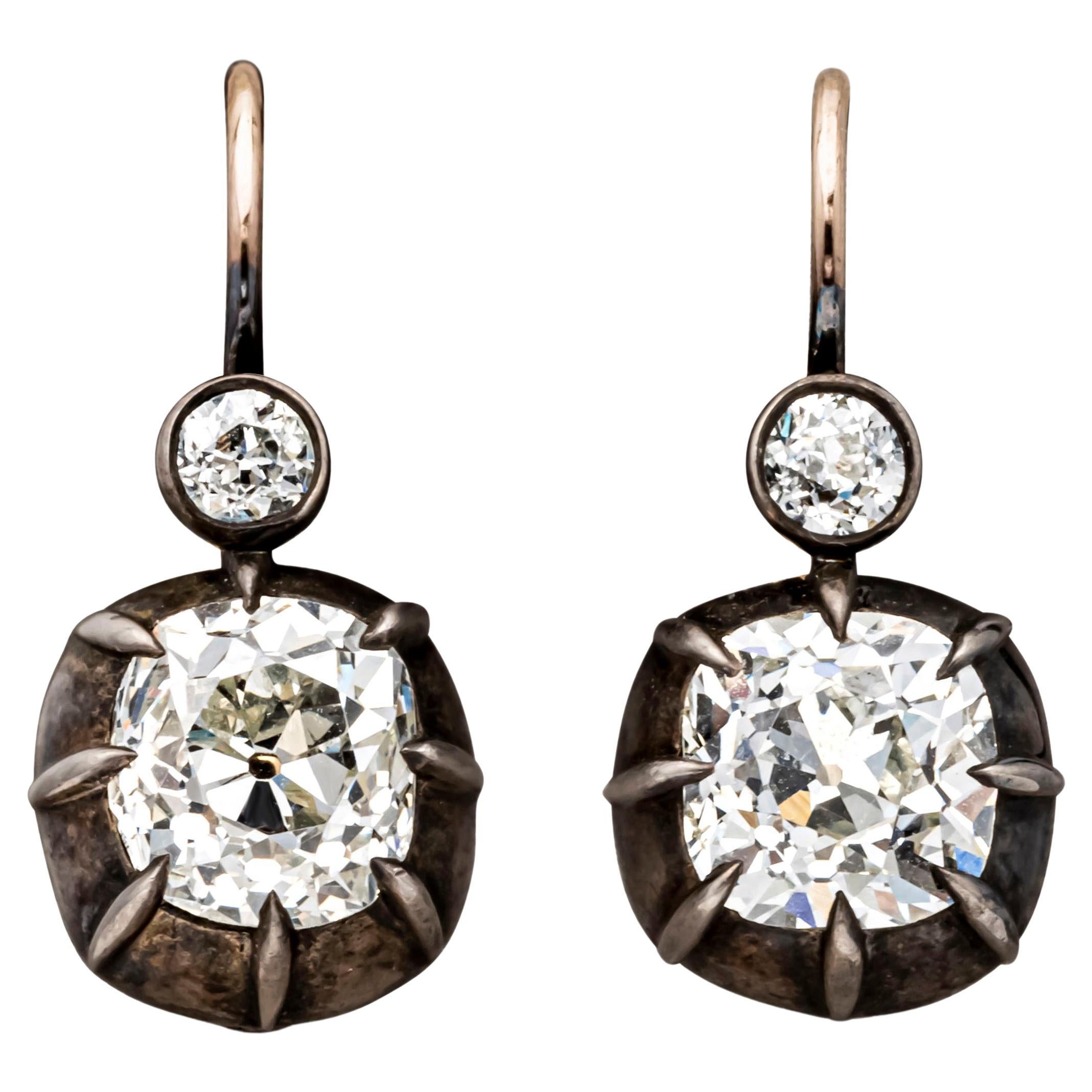 Antique 4.97 Carats Total Old Mine Cushion Cut & Old European Diamond Earrings For Sale