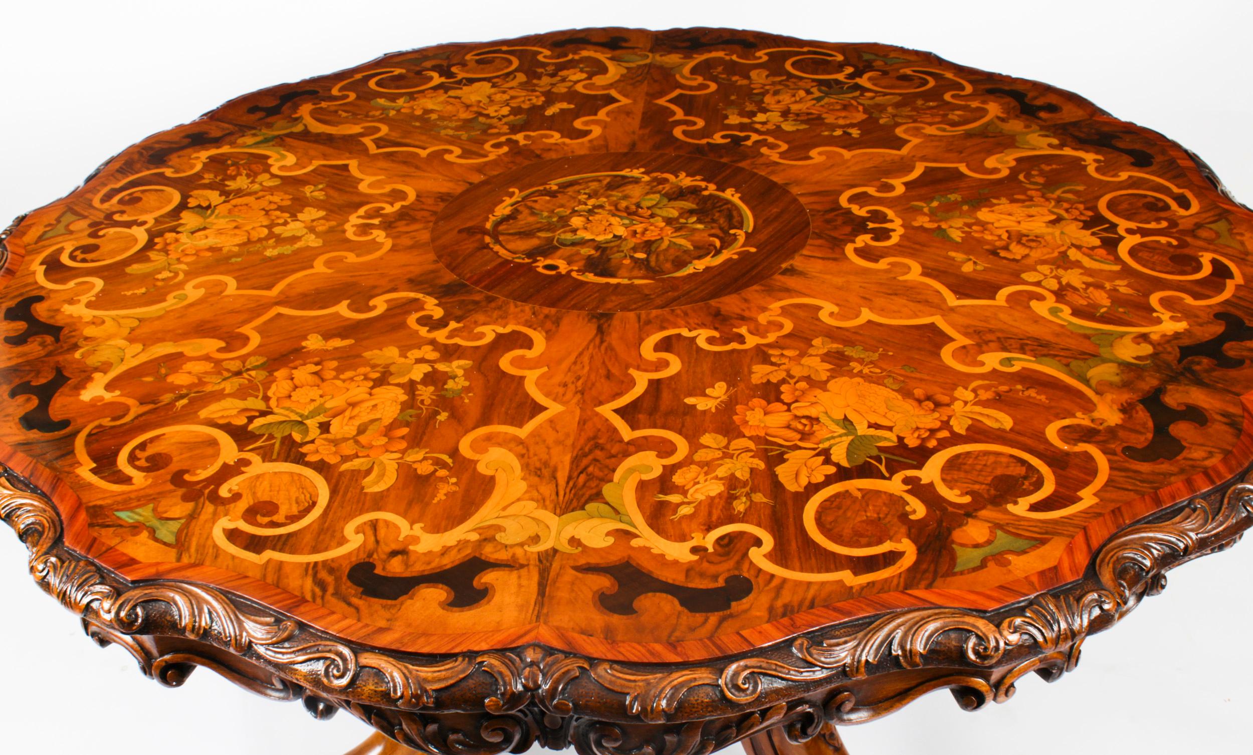 English Antique Burr Walnut Marquetry Dining / Centre Table 19th Century