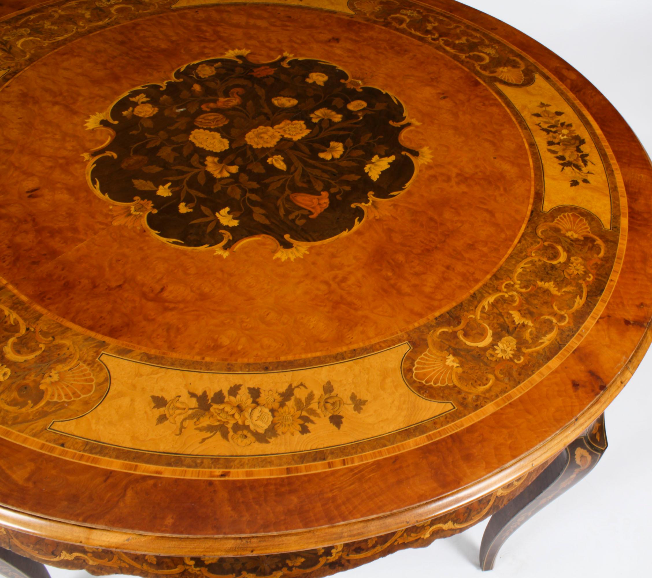 English Antique Burr Walnut Marquetry Centre / Dining Table, Early 20th Century For Sale