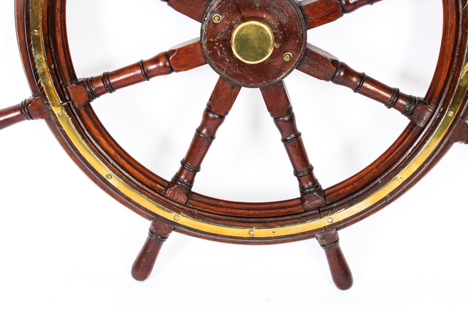 Victorian Antique Teak and Brass Set 4ft 8-Spoke Ships Wheel, 19th Century For Sale