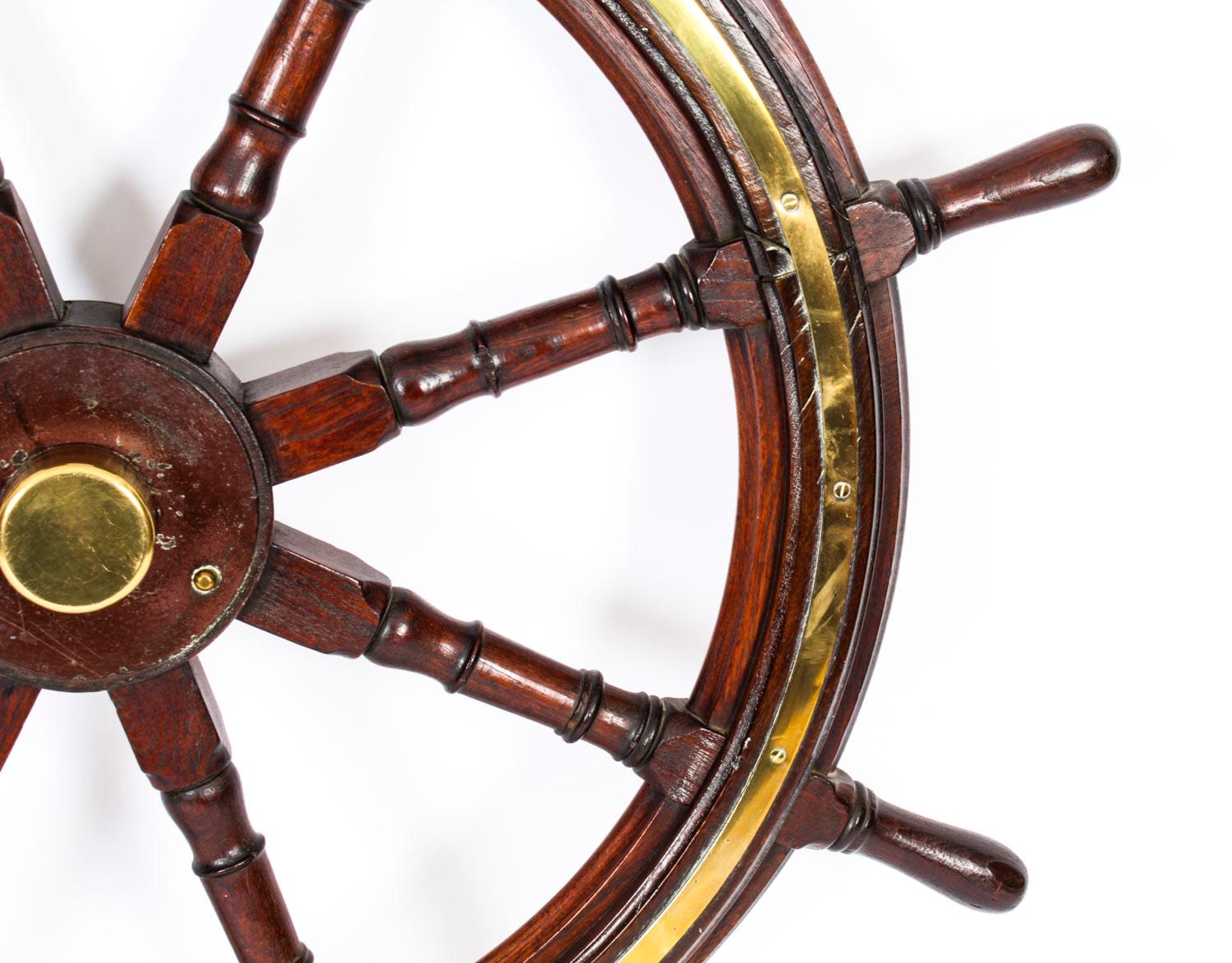 English Antique Teak and Brass Set 4ft 8-Spoke Ships Wheel, 19th Century For Sale