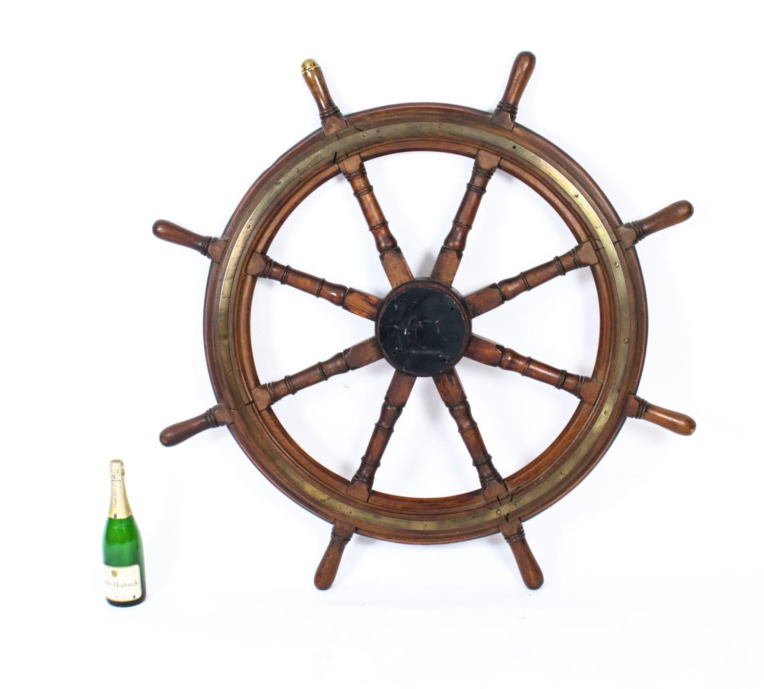 Late 19th Century Antique Teak and Brass Set 4ft 8-Spoke Ships Wheel, 19th Century For Sale