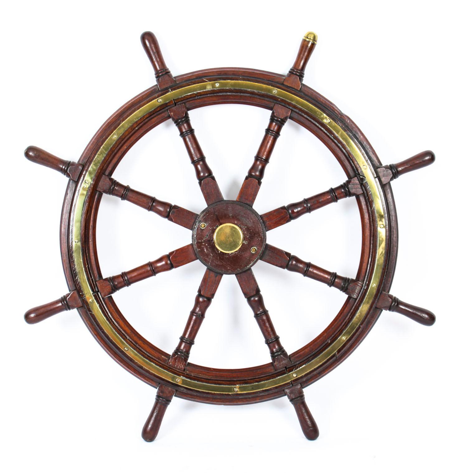 Antique Teak and Brass Set 4ft 8-Spoke Ships Wheel, 19th Century For Sale 1