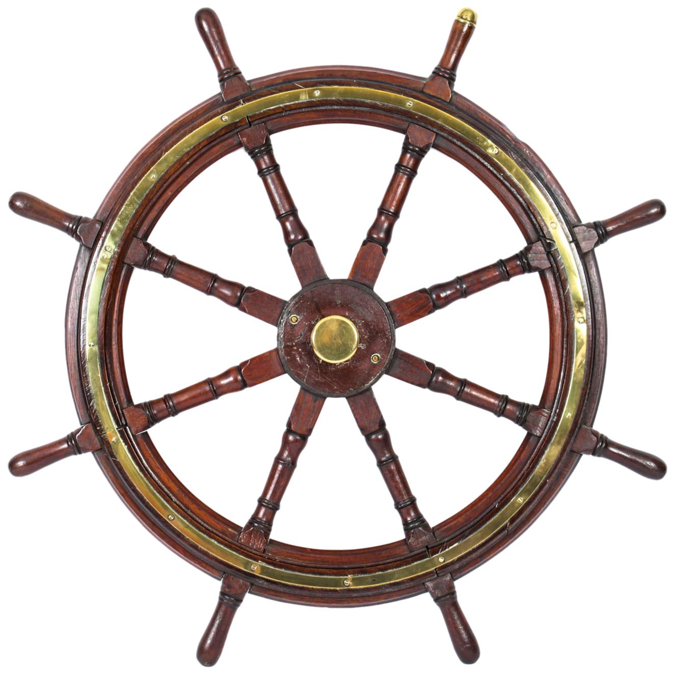 Antique Teak and Brass Set 4ft 8-Spoke Ships Wheel, 19th Century For Sale