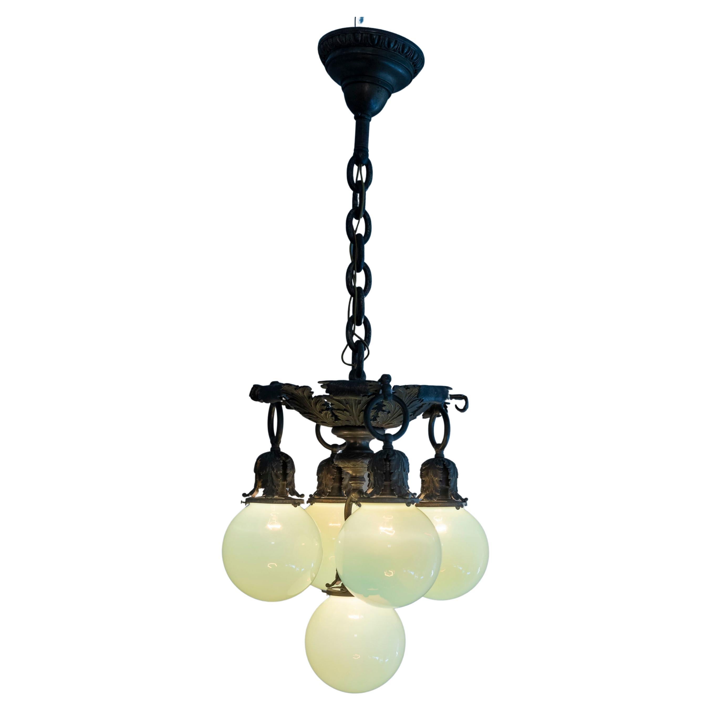 Antique 5 Arm Art Nouveau Bronze Chandelier w/ 5 Handblown Vaseline Glass Shades