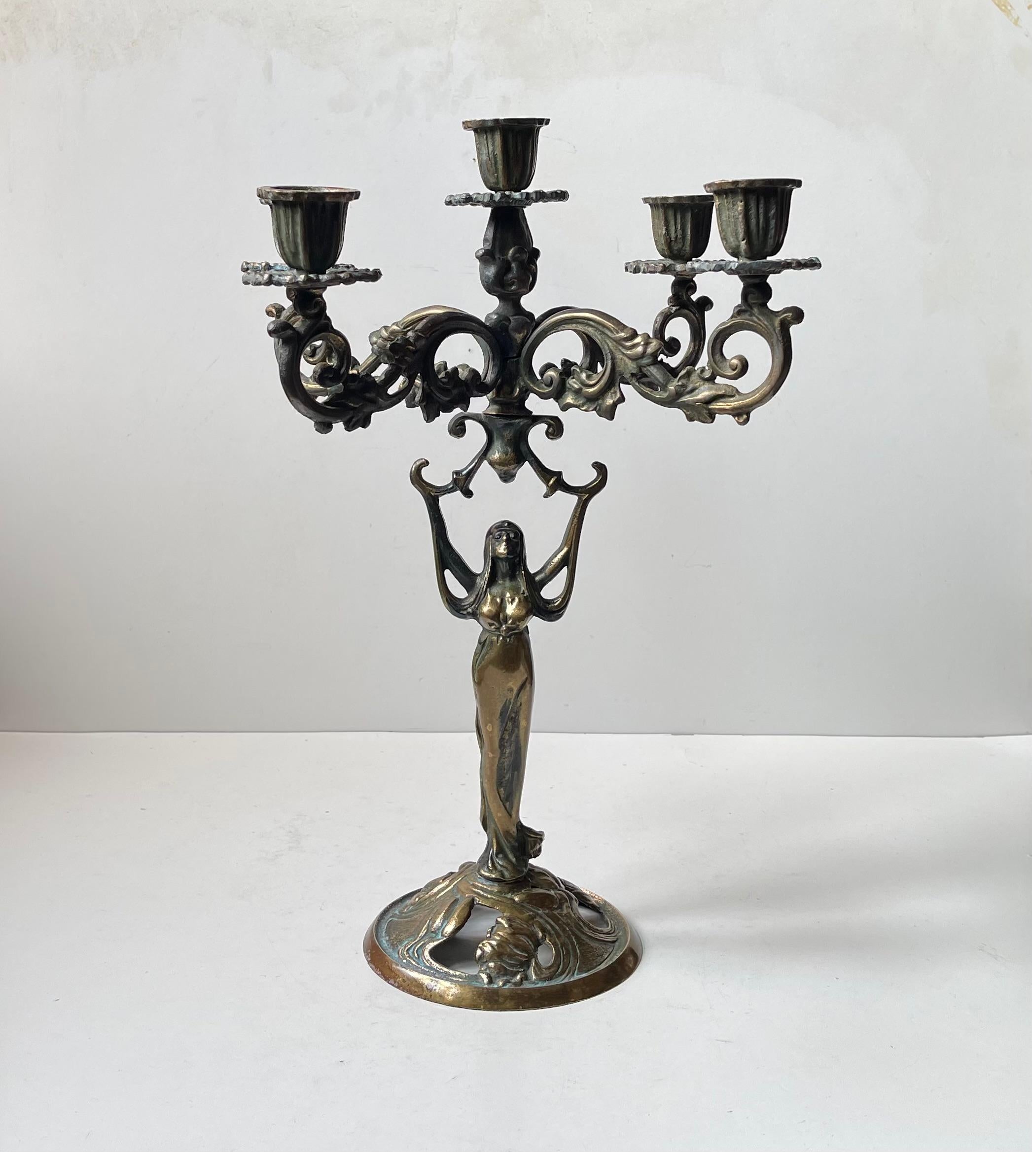 European Antique 5-Arm Sculptural Art Nouveau Candelabra in Brass For Sale