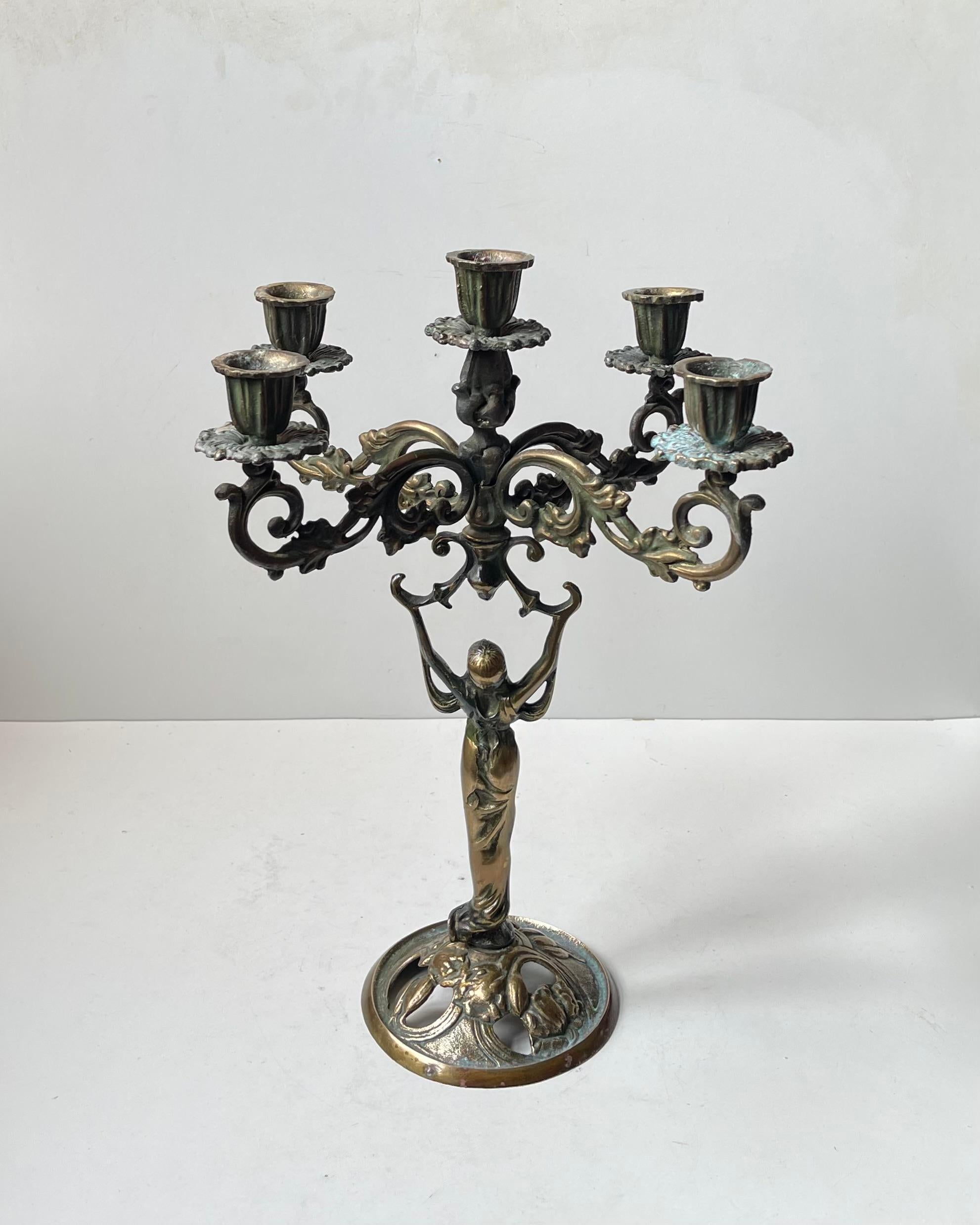 Antique 5-Arm Sculptural Art Nouveau Candelabra in Brass In Good Condition For Sale In Esbjerg, DK