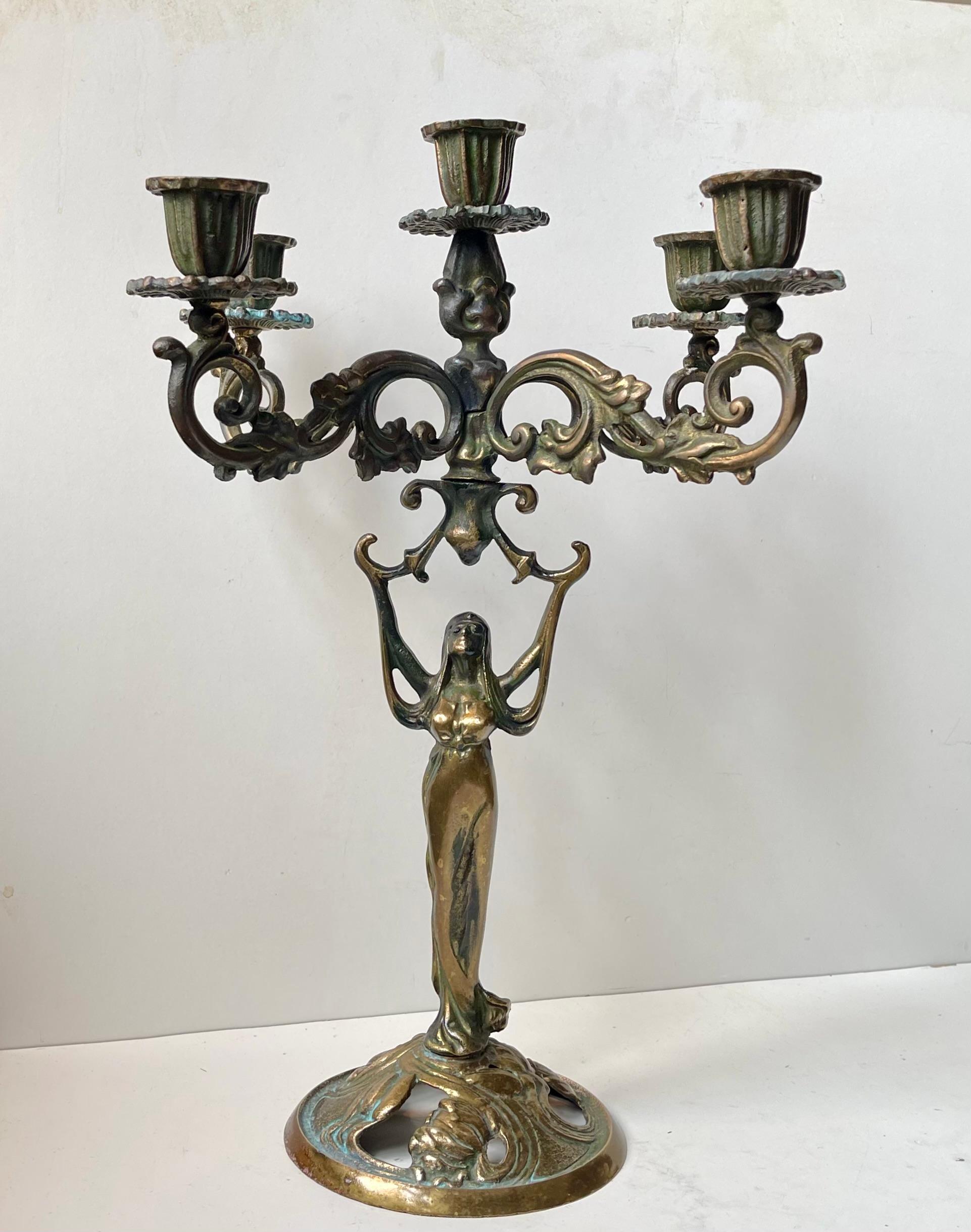 Antique 5-Arm Sculptural Art Nouveau Candelabra in Brass For Sale 1