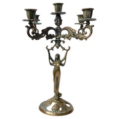 Ancien candélabre sculptural Art nouveau à 5 bras en laiton