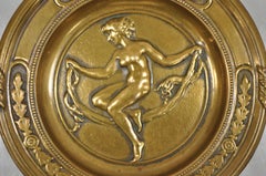Antique Bronze Neoclassical Art Nouveau Round Dish with Nude Female Maiden