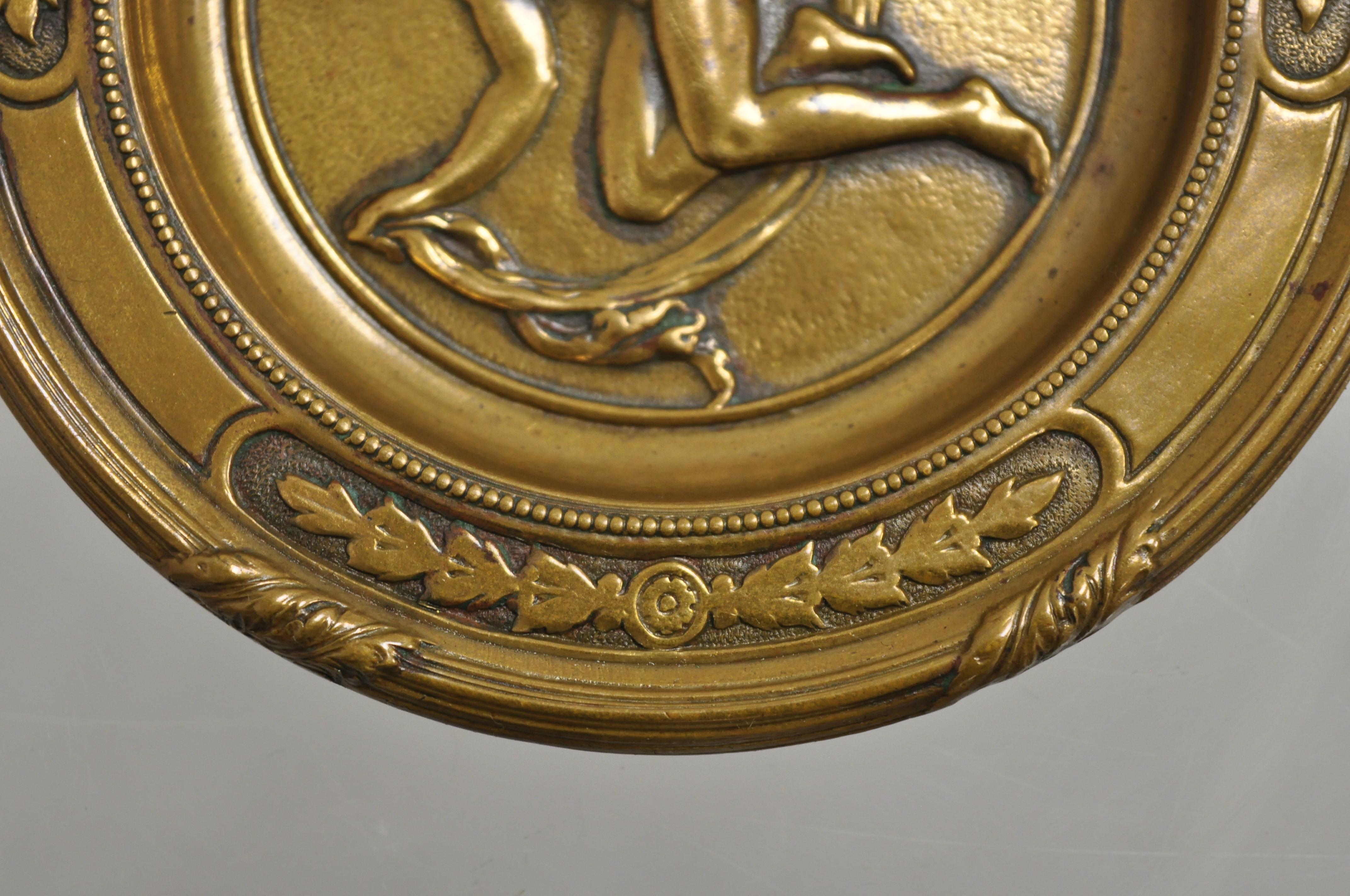 Antique Bronze Neoclassical Art Nouveau Round Dish with Nude Female Maiden In Good Condition For Sale In Philadelphia, PA