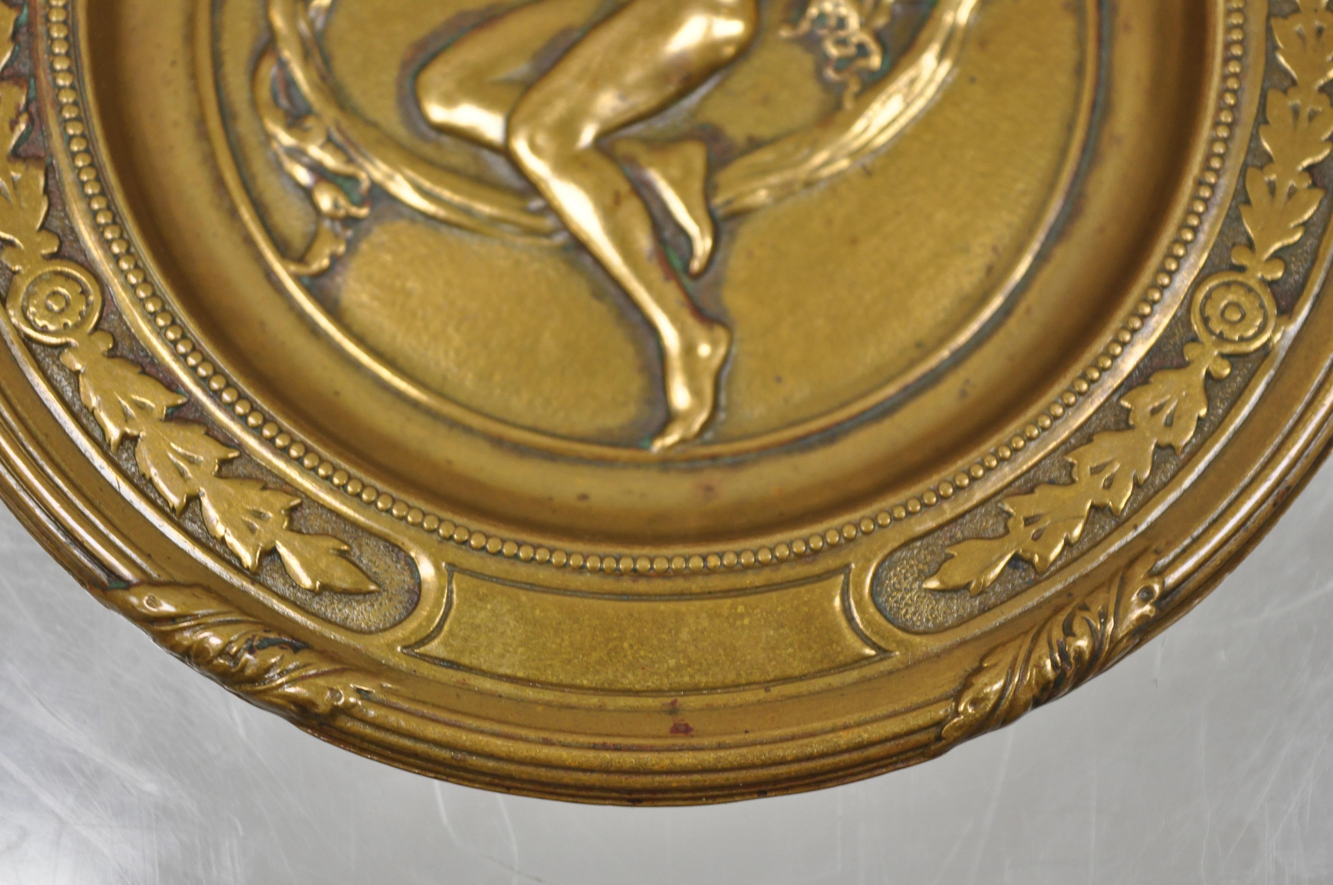 20th Century Antique Bronze Neoclassical Art Nouveau Round Dish with Nude Female Maiden For Sale