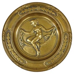 Antique 5" Bronze Neoclassical Art Nouveau Round Dish with Nude Female Maiden