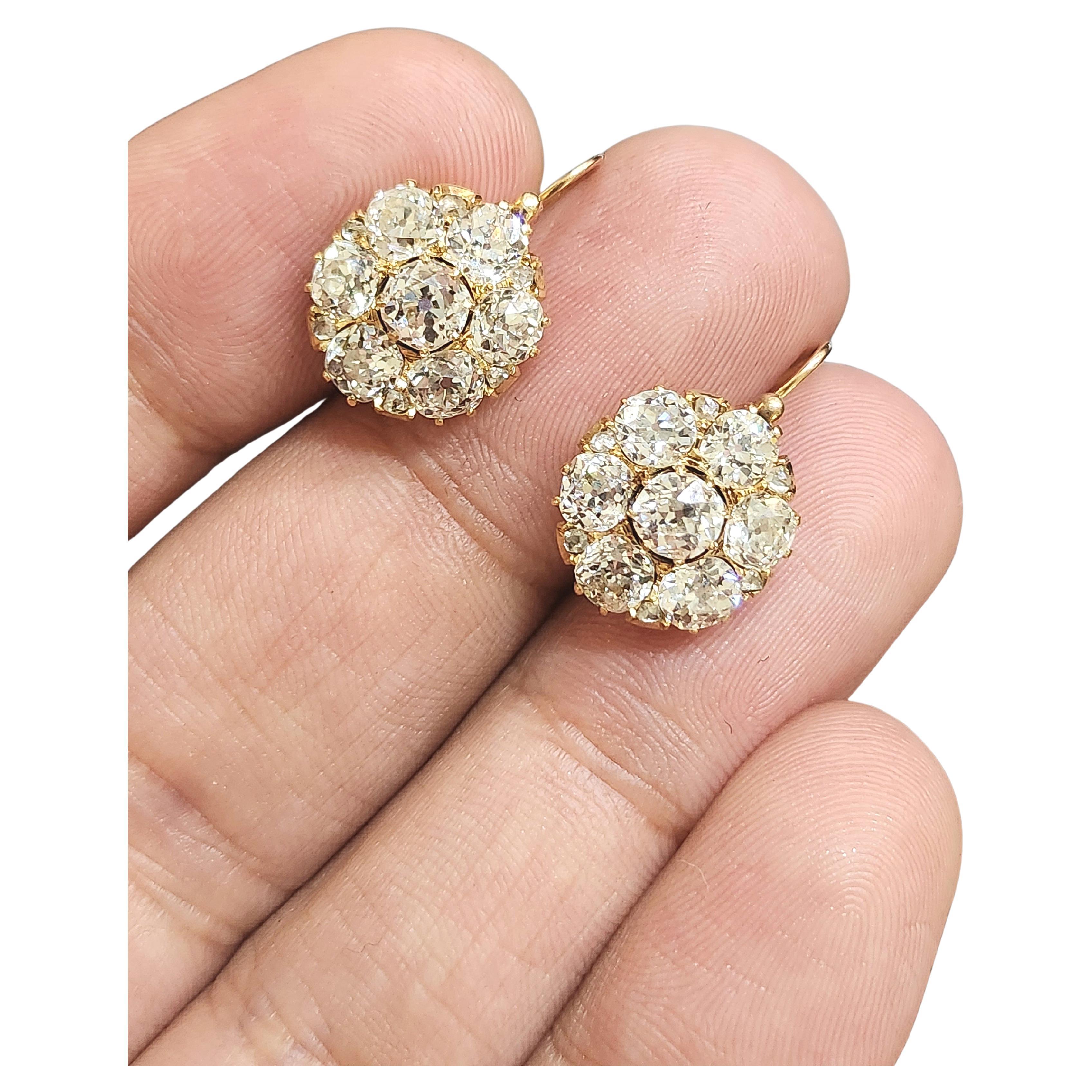 Antike kaiserlich-russische Ära  Cluster-Ohrringe mit 5 Karat Diamanten im Altminenschliff vvs Klarheit H/G Farbe exzellenter Schliff und Funke seltener Fund mit einem Durchmesser von  12,45mm und 20mm lange Halle mit späterer sowjetischer