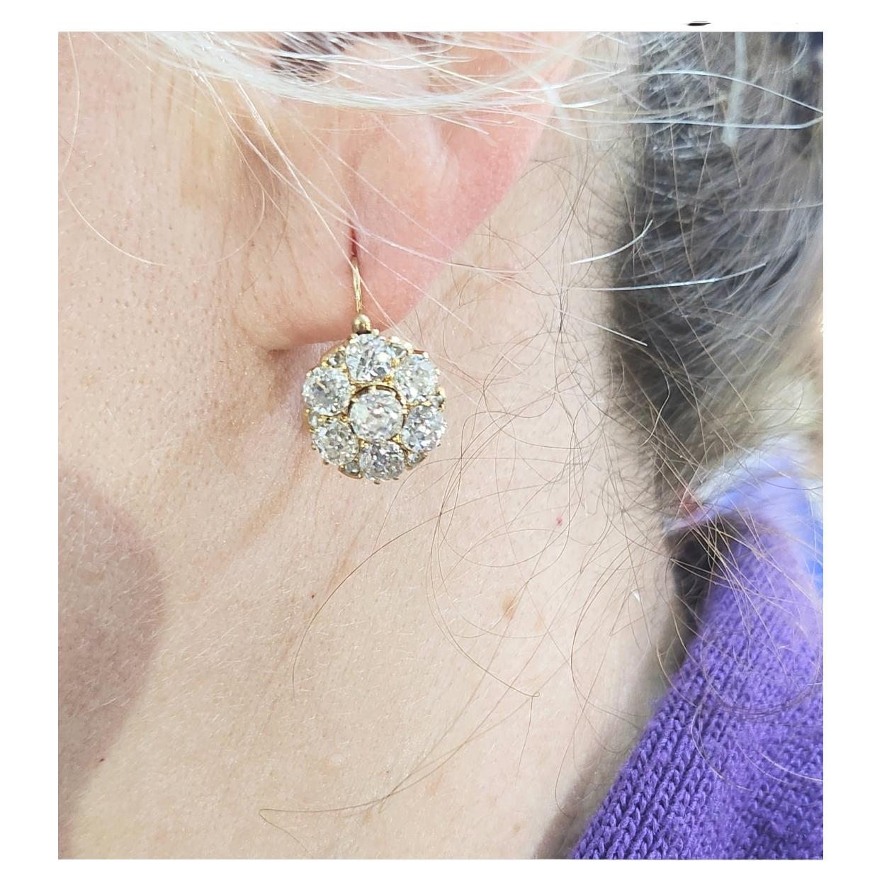 Antike 5 Karat Diamant-Cluster-Ohrringe aus russischem Gold mit altem Minenschliff Damen