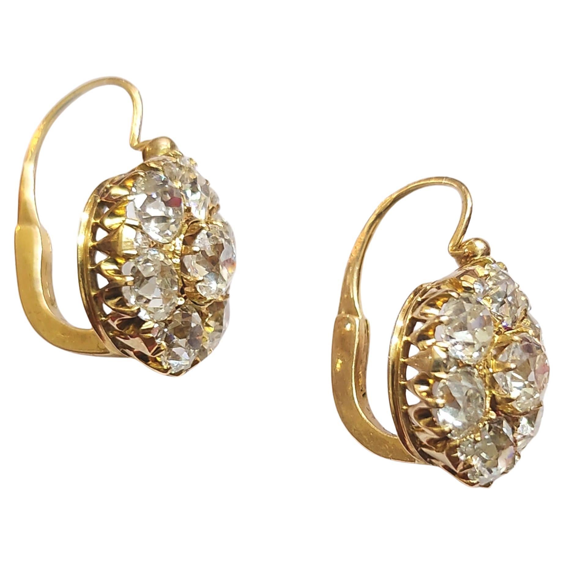Antike 5 Karat Diamant-Cluster-Ohrringe aus russischem Gold mit altem Minenschliff 2