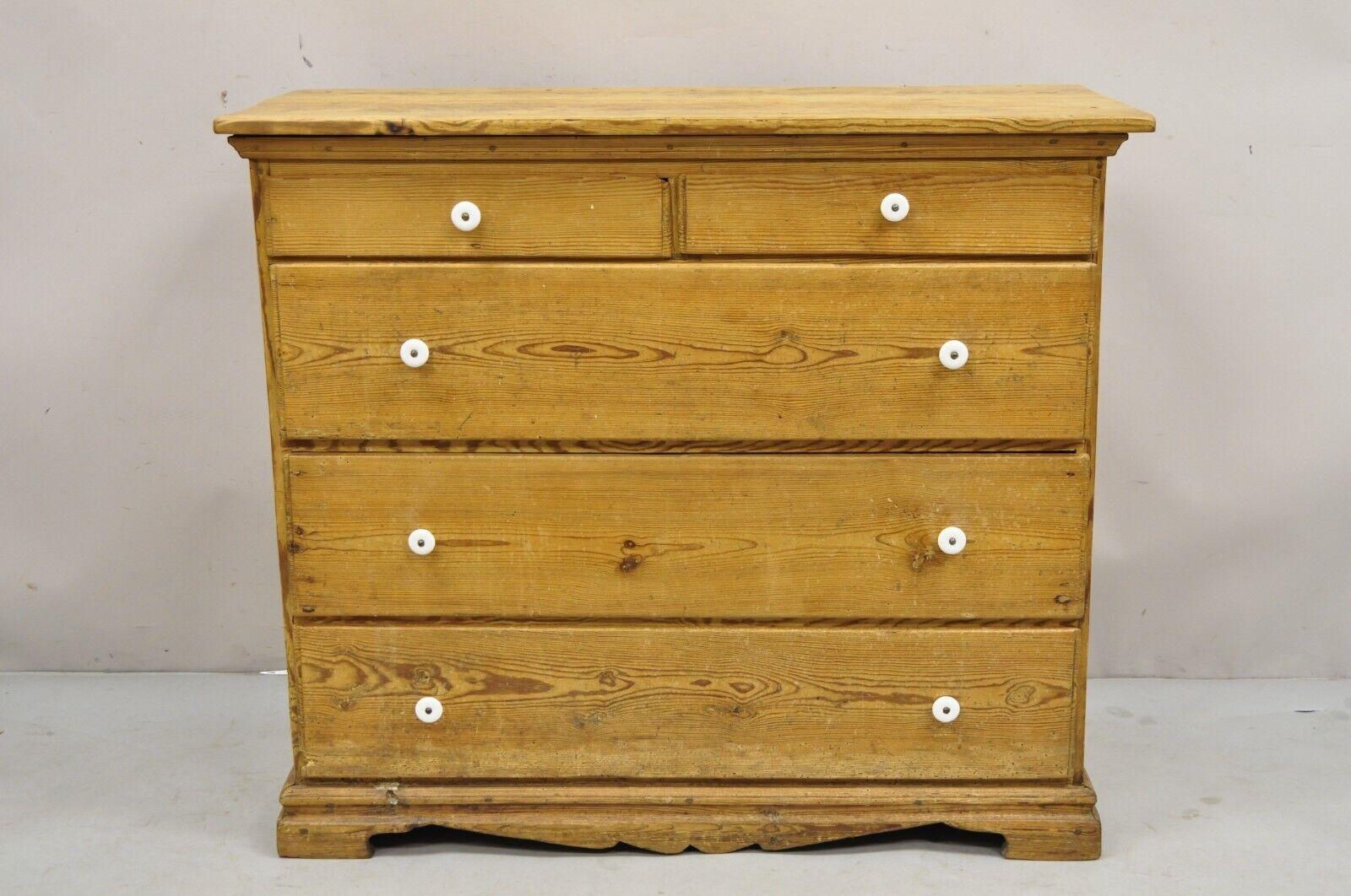 Antique 5 Drawer French Country Farmhouse Primitive Pine Dresser Chest of Drawer 6