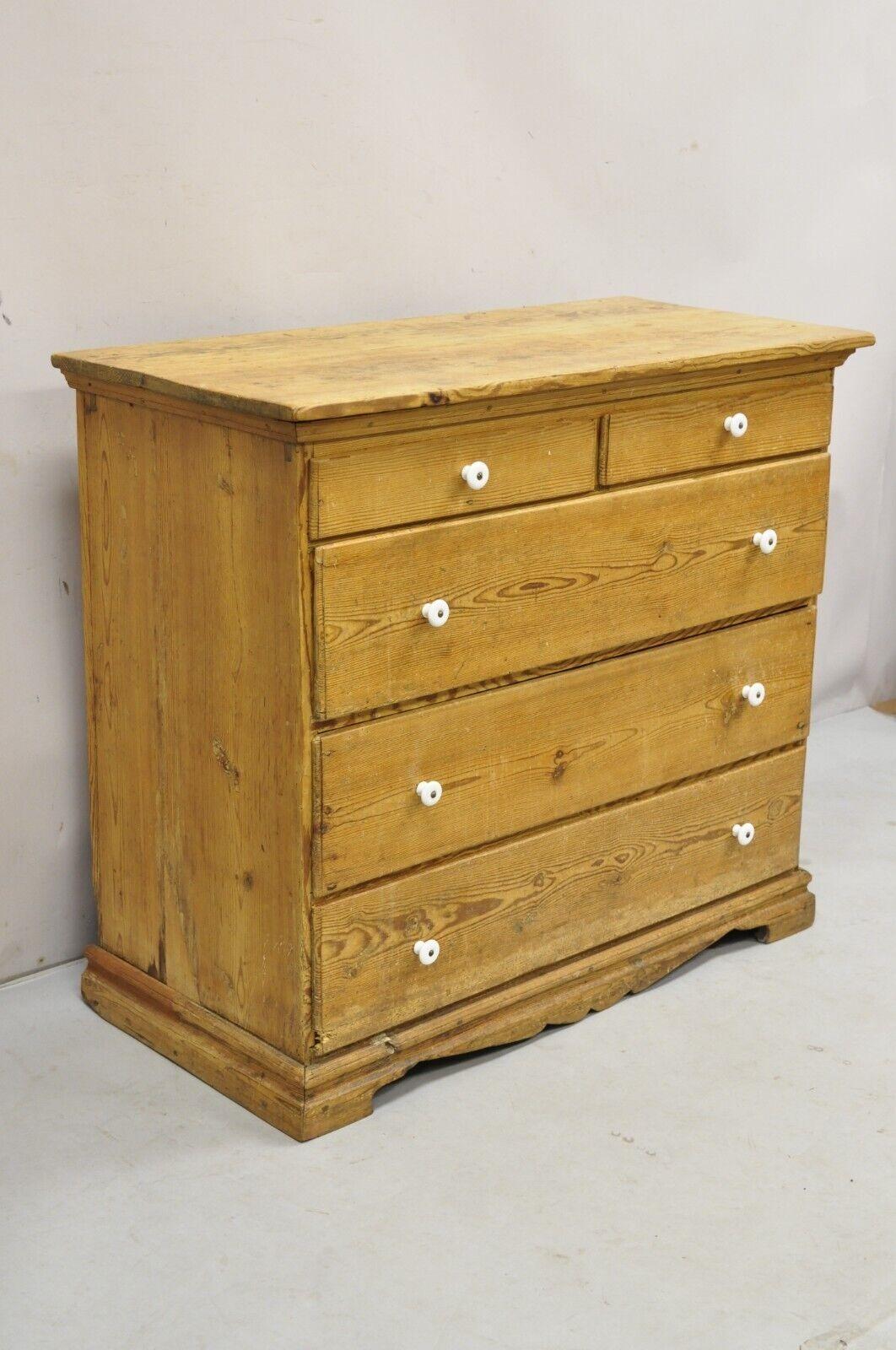 Antique 5 Drawer French Country Farmhouse Primitive Pine Dresser Chest of Drawers. Item features desirable weathered/distressed finish, solid wood construction, hand dovetailed drawers (except top left drawer), very nice Primitive chest. Circa 19th