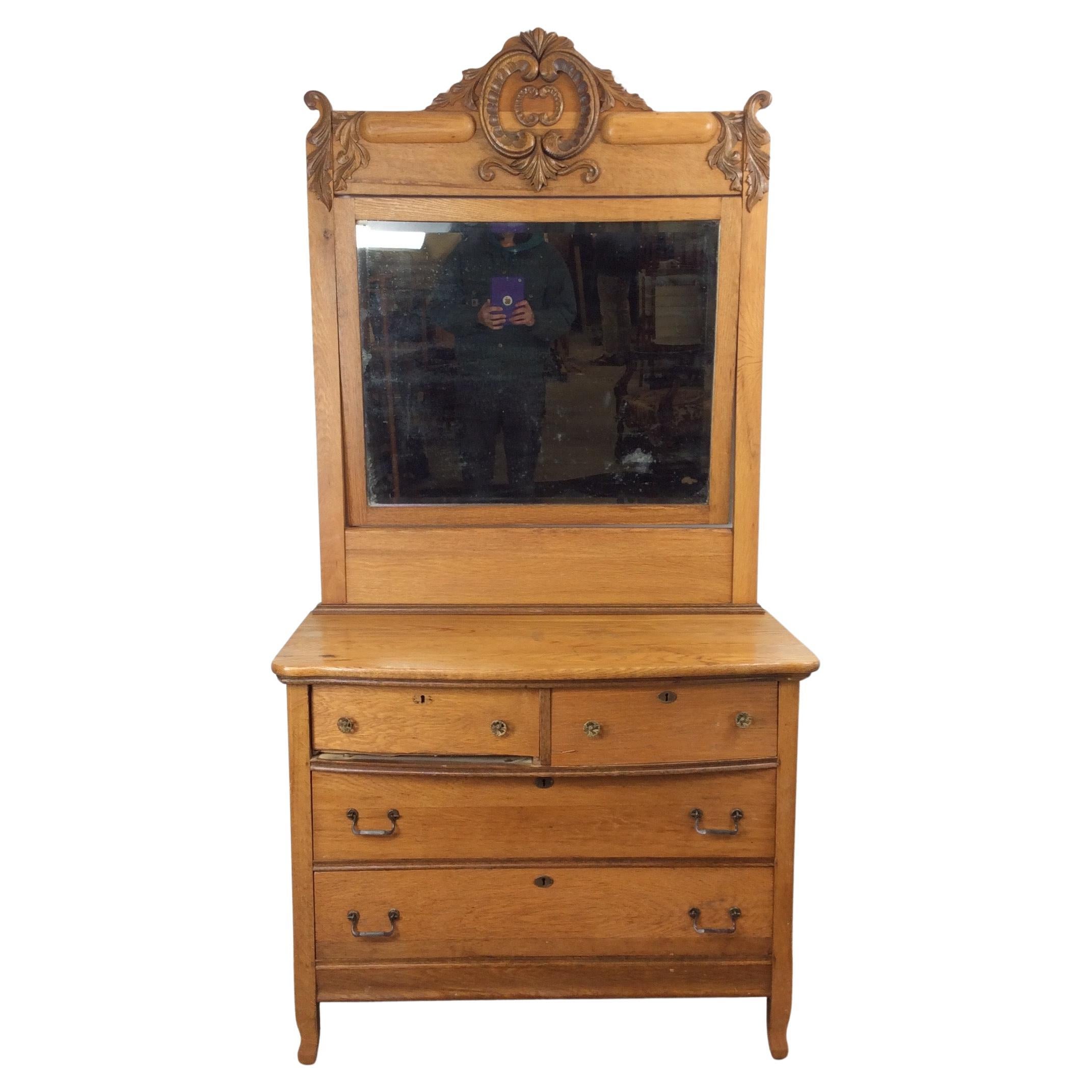 Antique 5 Drawer Oak Dresser with Large Mounted Mirror