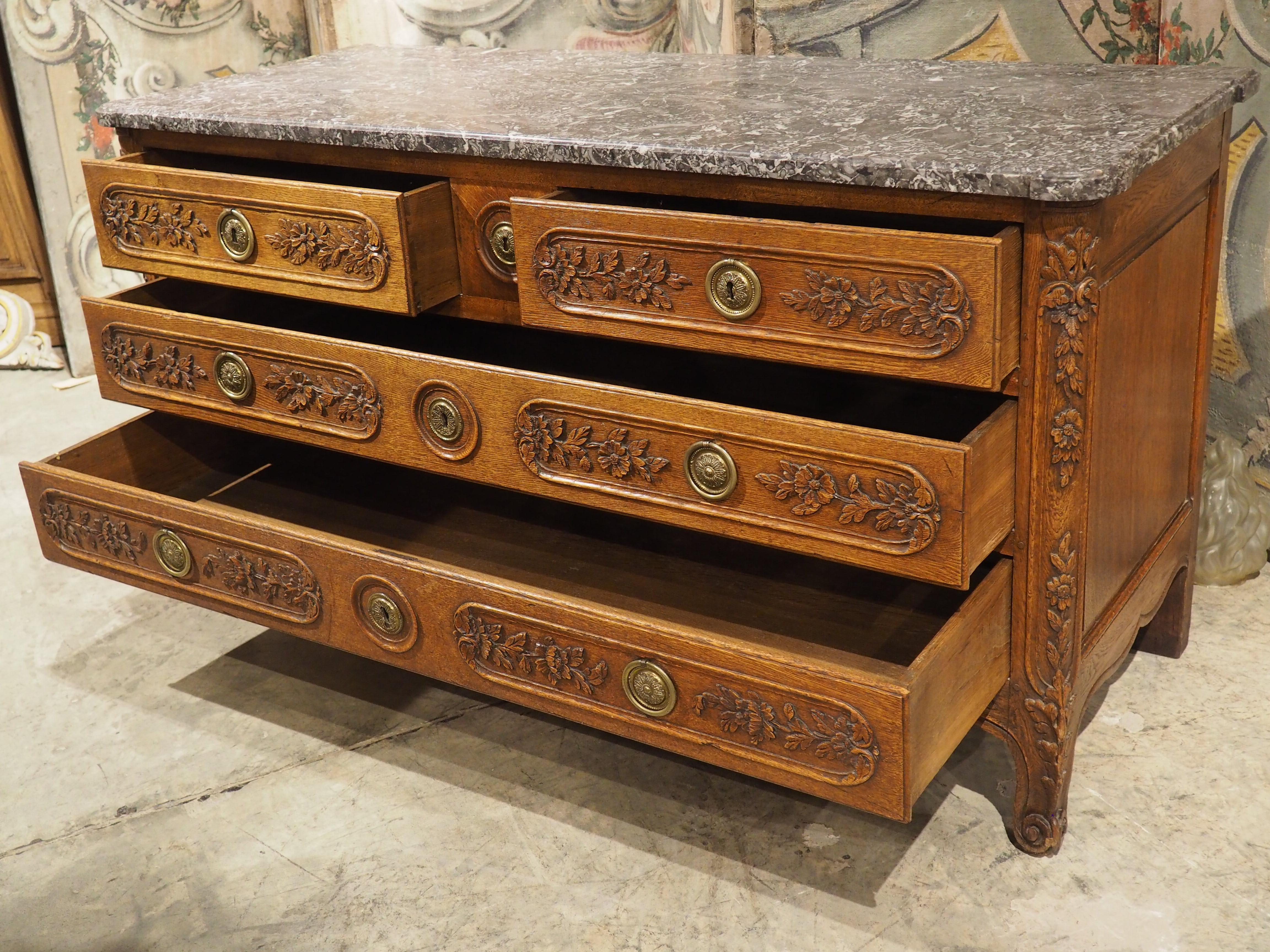 Antique 5-Foot Long French Commode in Sculpted Oak, Original Marble Top, C. 1860 For Sale 8