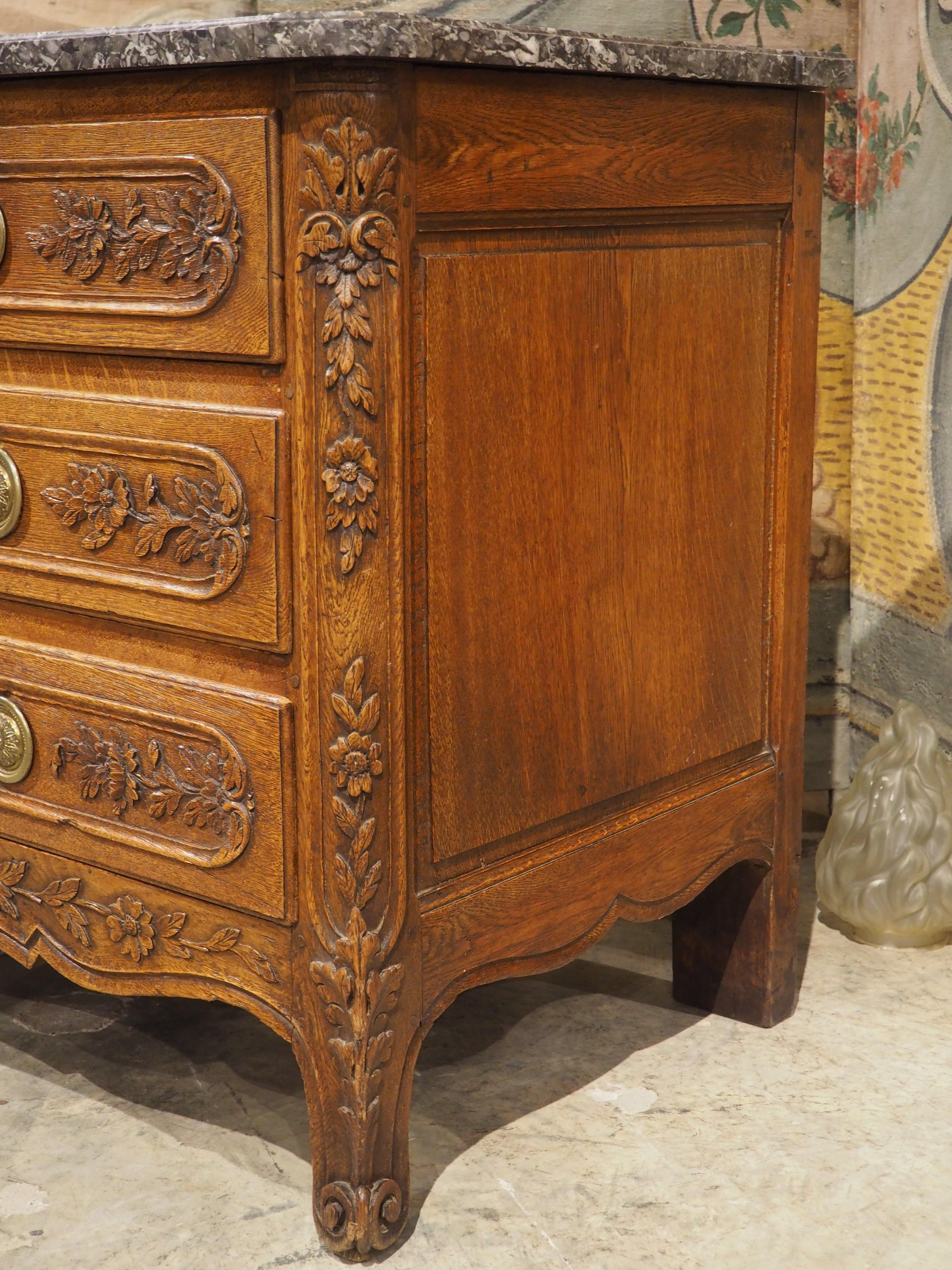 Hand-Carved Antique 5-Foot Long French Commode in Sculpted Oak, Original Marble Top, C. 1860 For Sale
