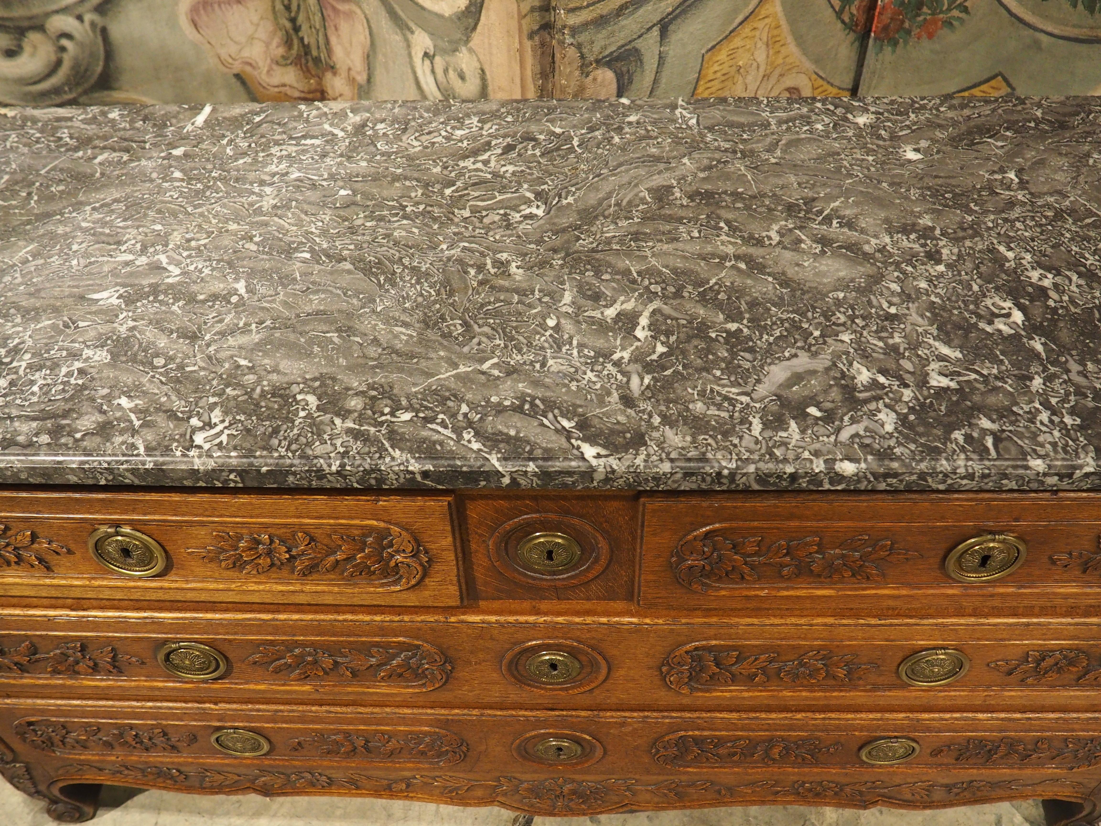 Stone Antique 5-Foot Long French Commode in Sculpted Oak, Original Marble Top, C. 1860 For Sale