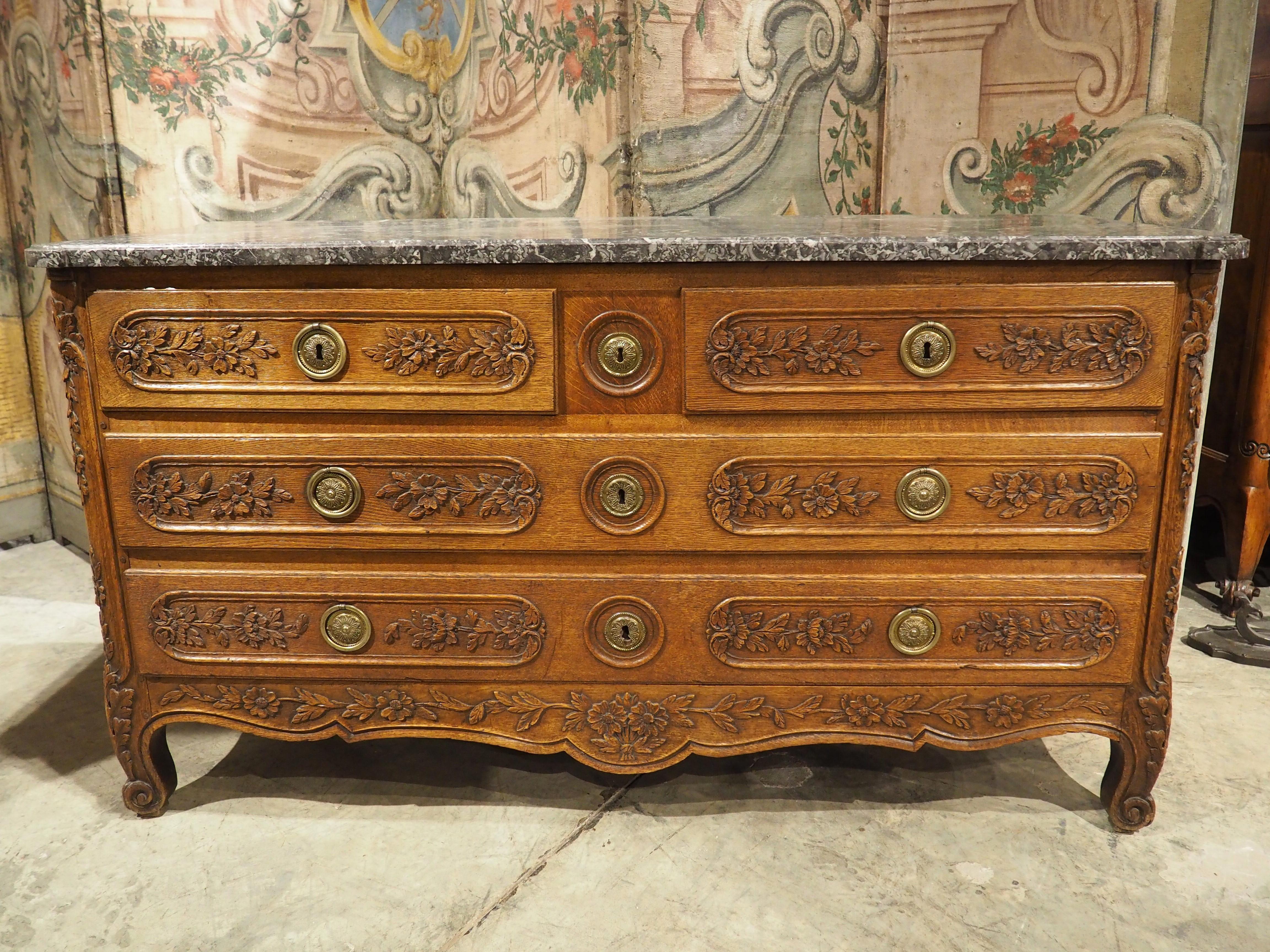 Antique 5-Foot Long French Commode in Sculpted Oak, Original Marble Top, C. 1860 For Sale 1