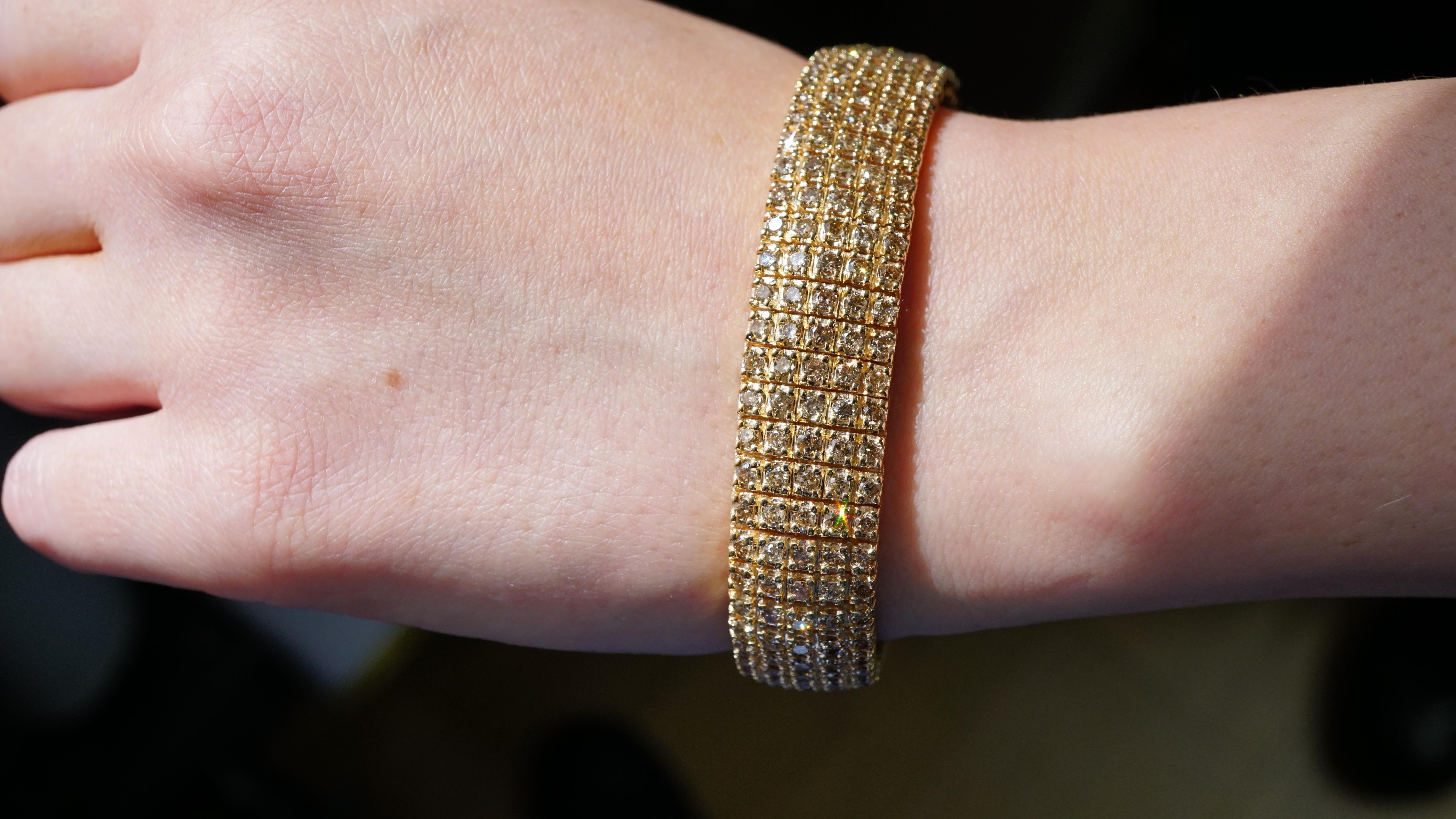 Round Cut 5-Row Cognac Diamond Yellow Gold Bracelet