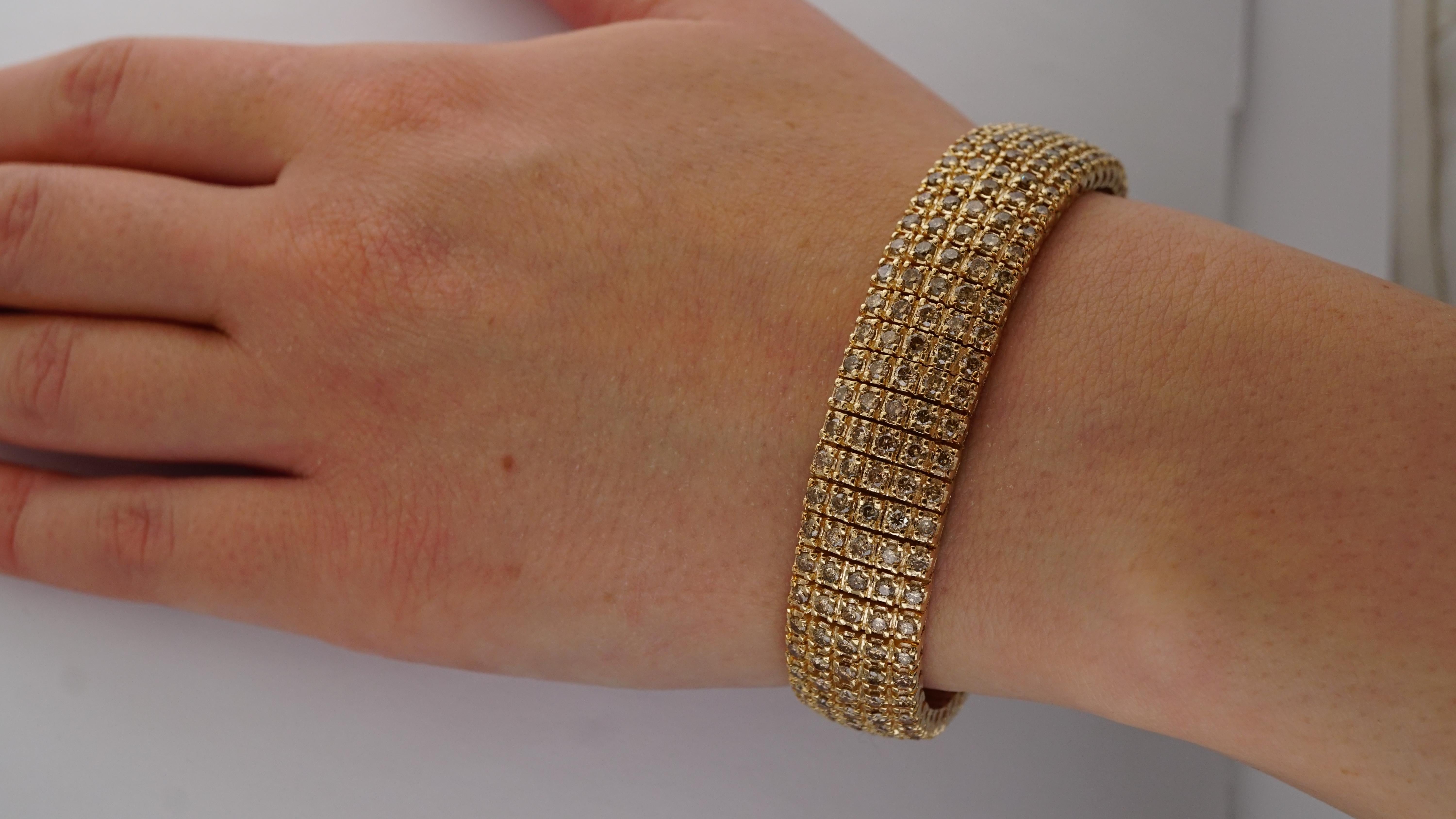 5-Row Cognac Diamond Yellow Gold Bracelet In Excellent Condition In New York, NY