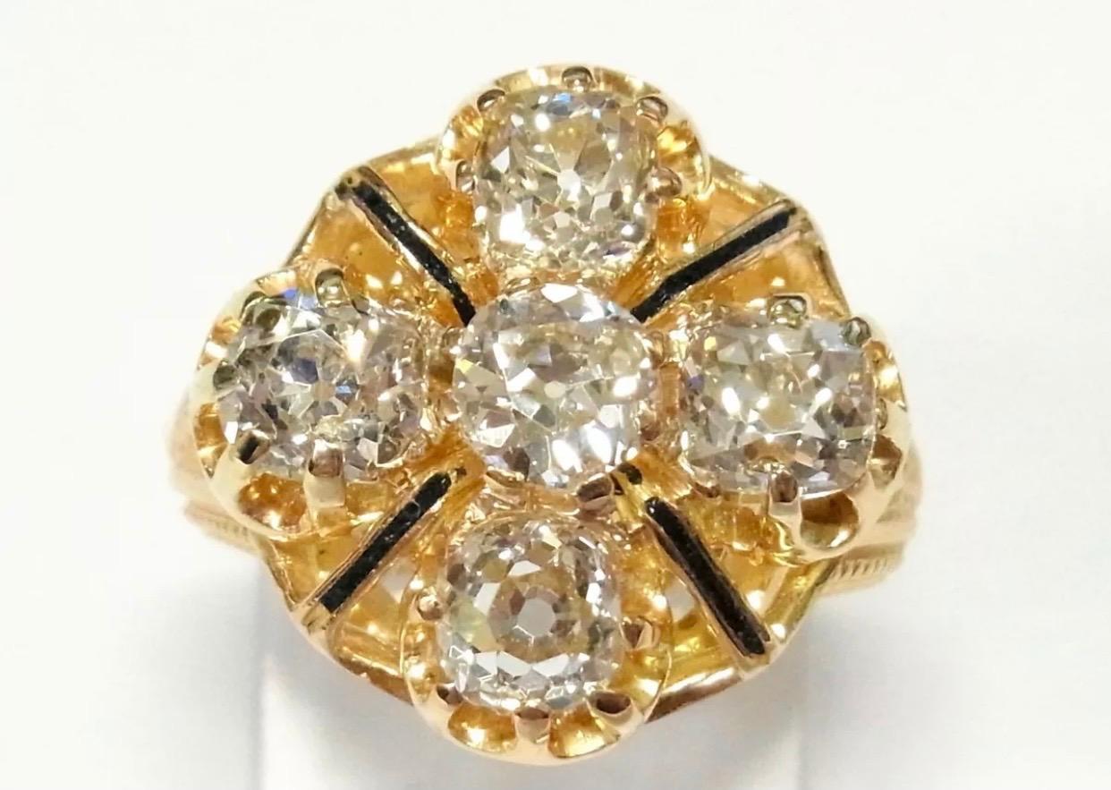 Art nouveau Antique 5 Stone 3 Carat Ultra Fine Old Mine Cut Diamonds 18k Gold Enamel Ring en vente