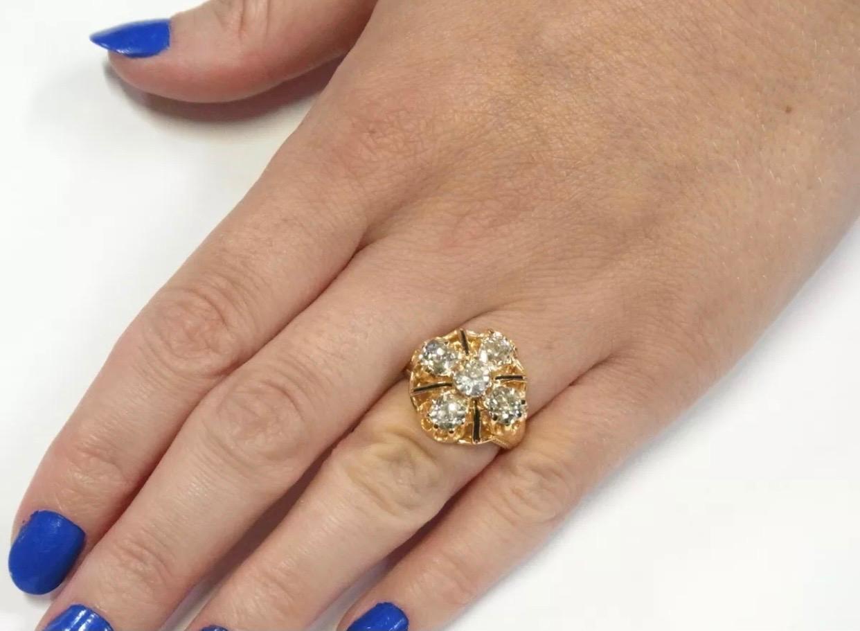 Taille brillant Antique 5 Stone 3 Carat Ultra Fine Old Mine Cut Diamonds 18k Gold Enamel Ring en vente