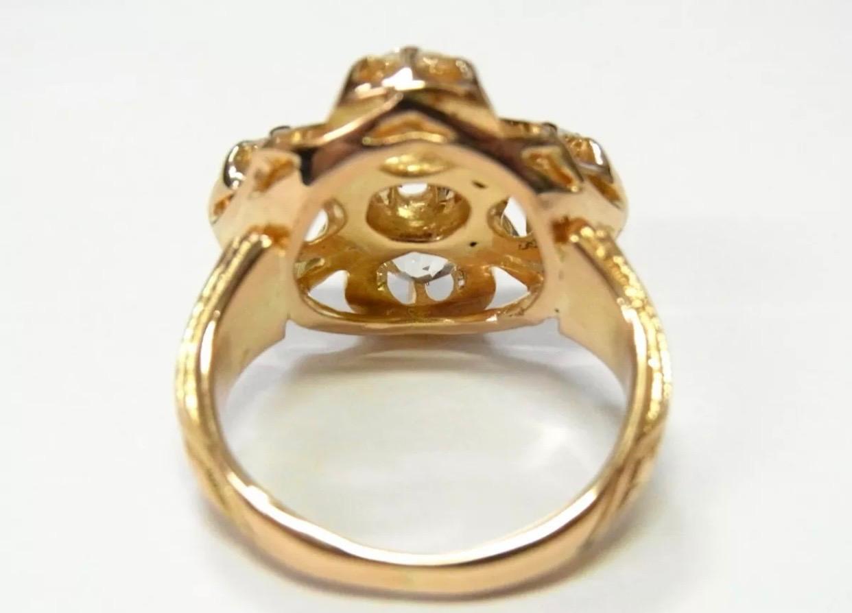 Antique 5 Stone 3 Carat Ultra Fine Old Mine Cut Diamonds 18k Gold Enamel Ring Excellent état - En vente à Miami, FL