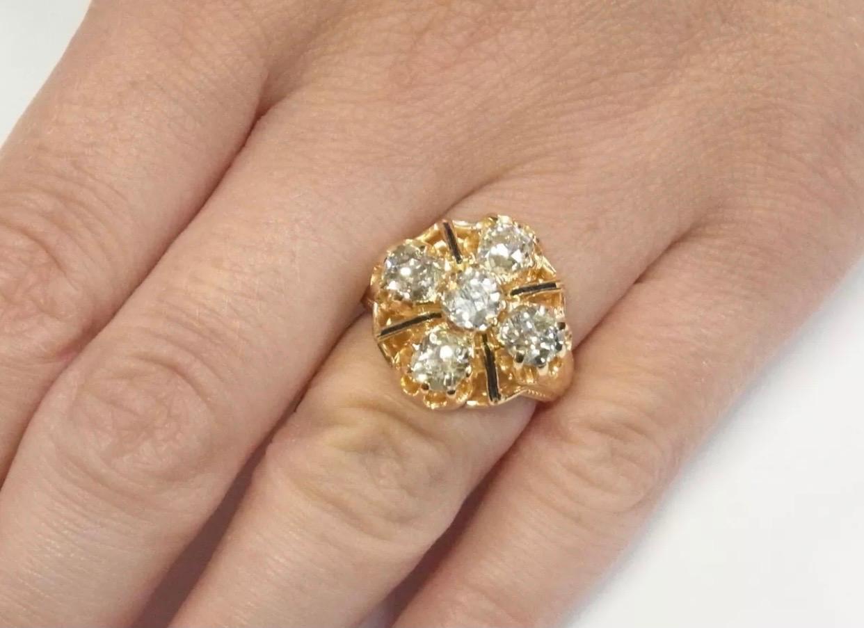 Antique 5 Stone 3 Carat Ultra Fine Old Mine Cut Diamonds 18k Gold Enamel Ring In Excellent Condition For Sale In Miami, FL