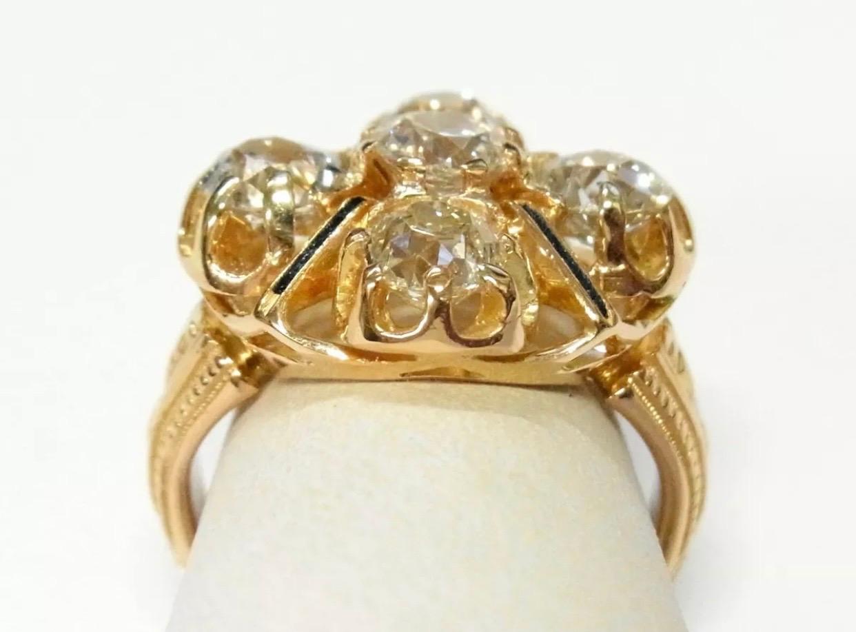 Women's or Men's Antique 5 Stone 3 Carat Ultra Fine Old Mine Cut Diamonds 18k Gold Enamel Ring For Sale