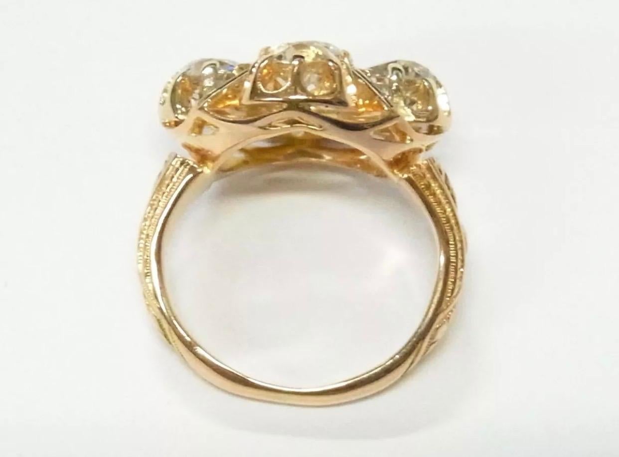 Antique 5 Stone 3 Carat Ultra Fine Old Mine Cut Diamonds 18k Gold Enamel Ring For Sale 1