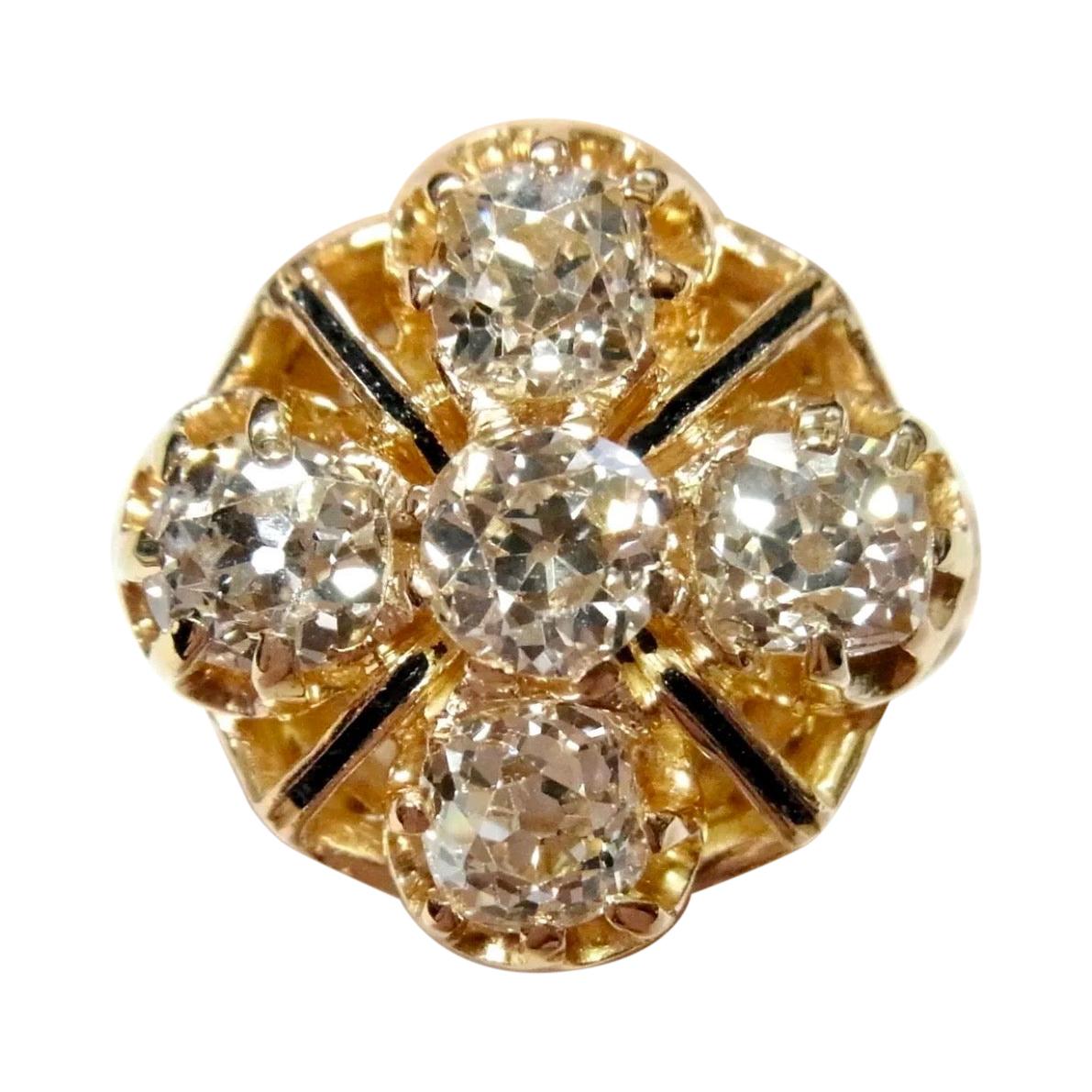 Antique 5 Stone 3 Carat Ultra Fine Old Mine Cut Diamonds 18k Gold Enamel Ring For Sale