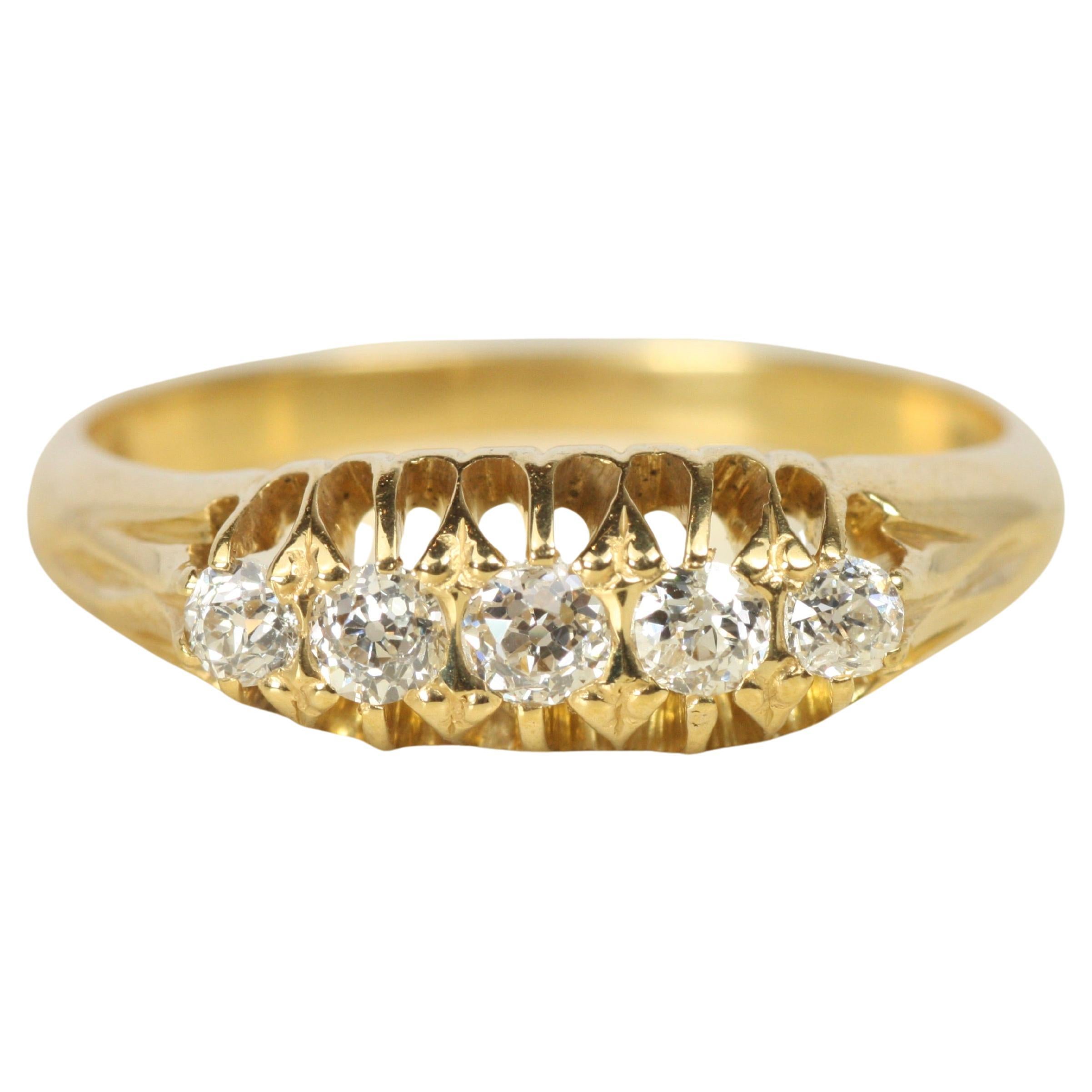 Antique 5-Stone Old Mine Cut Diamond 18K Yellow Gold Wedding Band For Sale