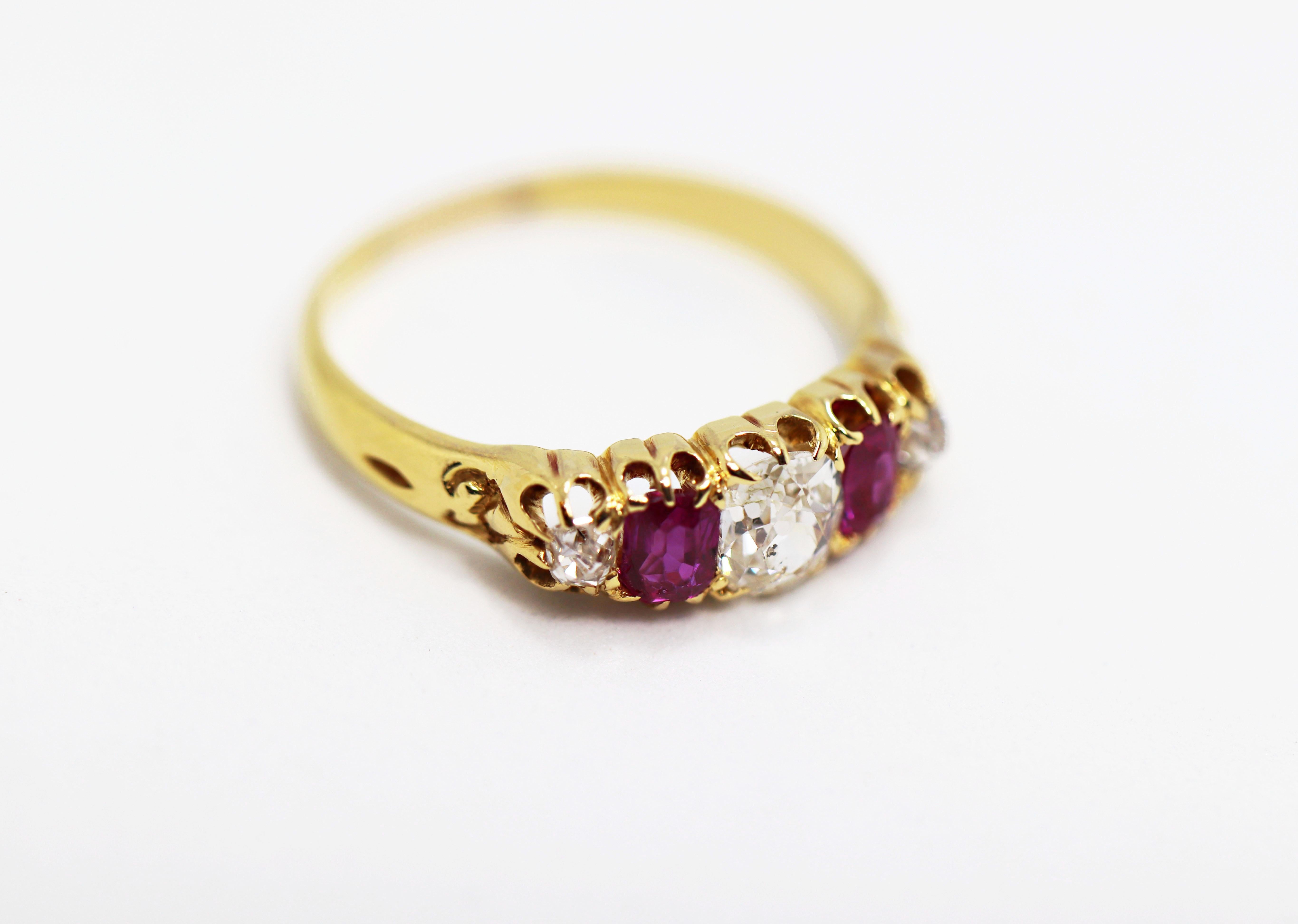 Late Victorian Antique 5-Stone Ruby and Old Cut Diamond Ring, circa 1880