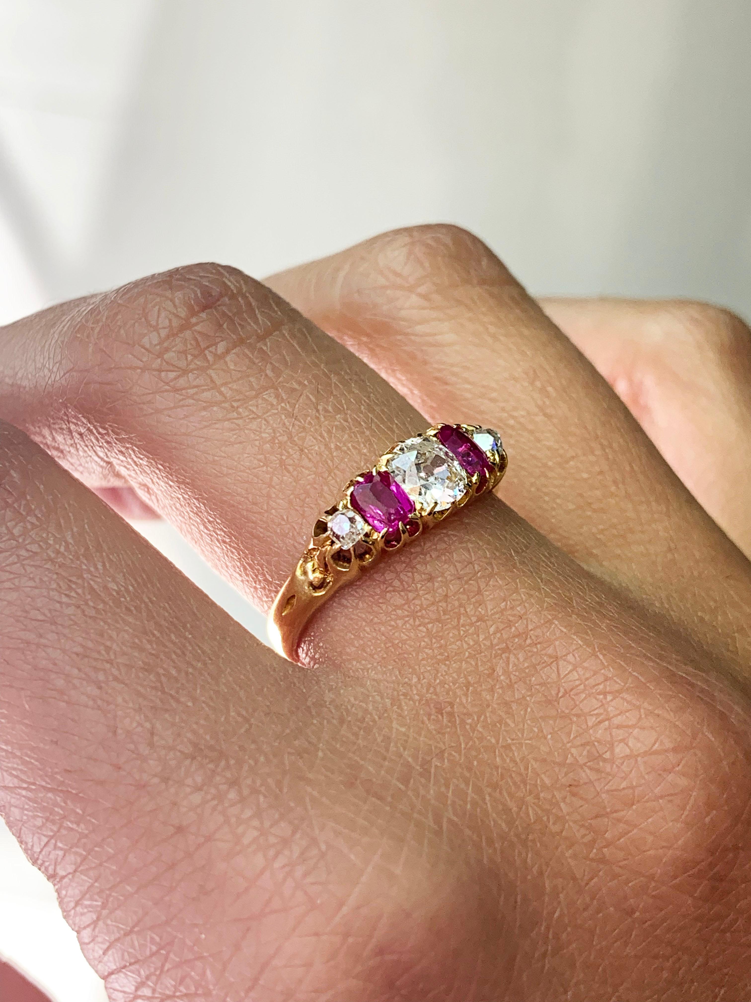 Old Mine Cut Antique 5-Stone Ruby and Old Cut Diamond Ring, circa 1880