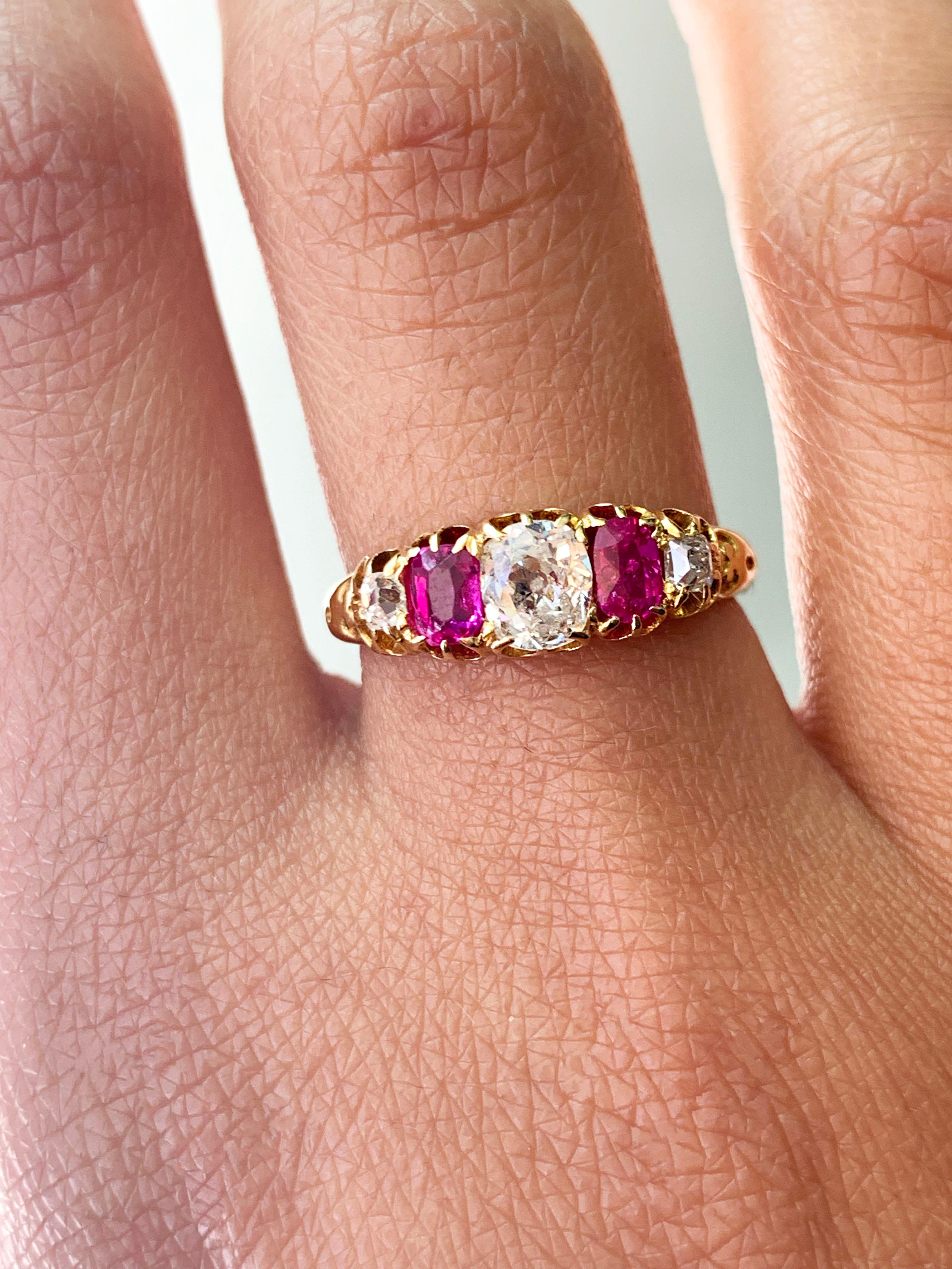 Antique 5-Stone Ruby and Old Cut Diamond Ring, circa 1880 In Good Condition In London, GB